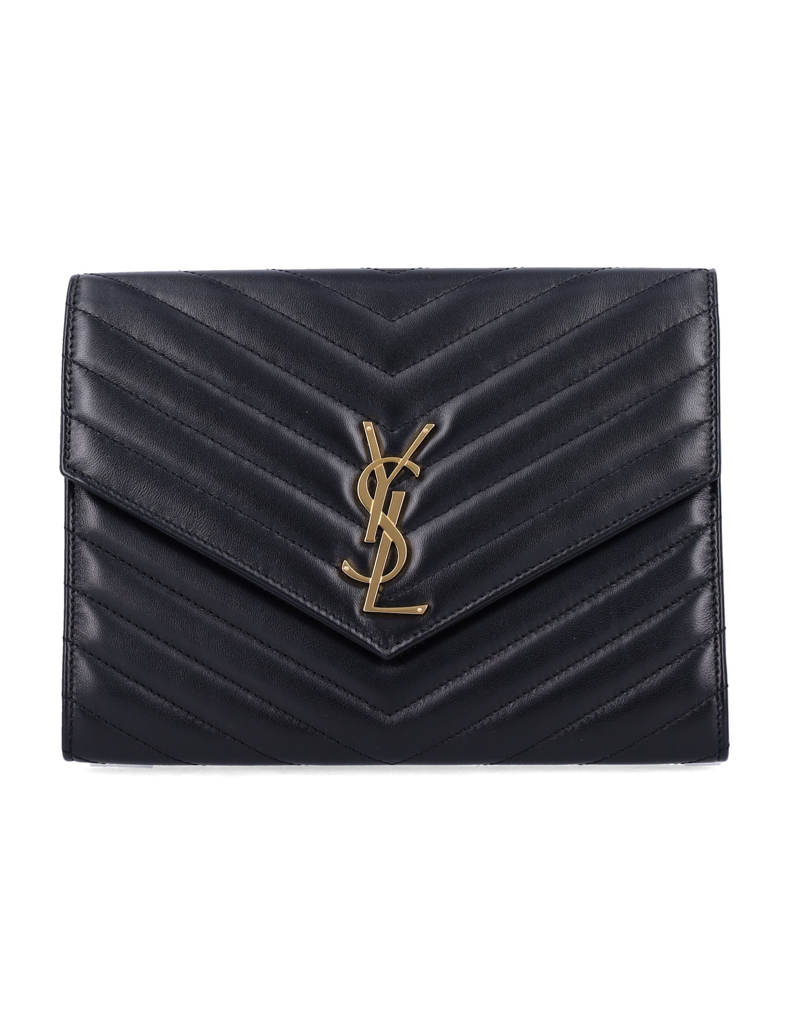 Saint Laurent Cassandre Matelassé Flap Pouch In Quilted Lambskin In Black