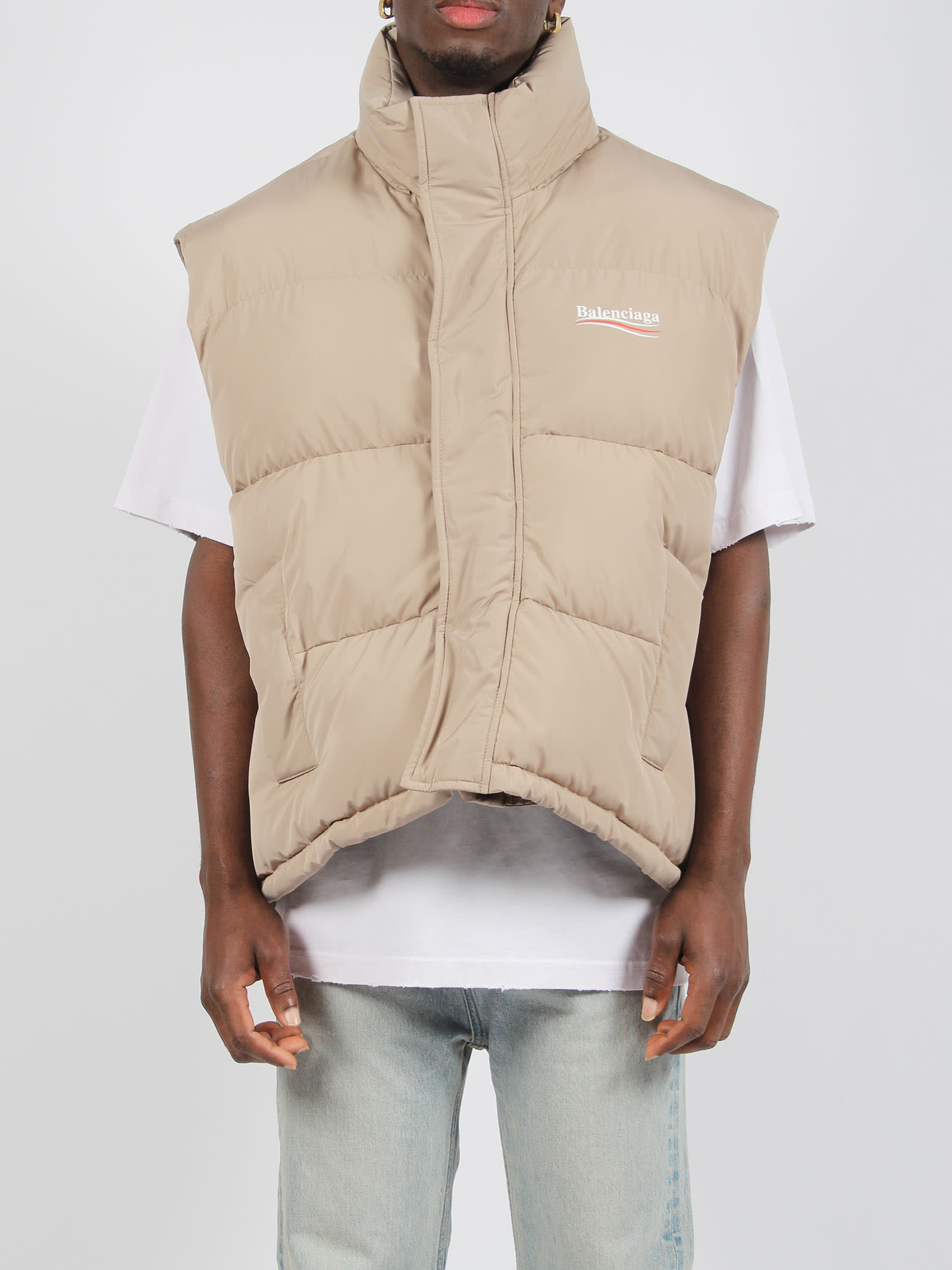 Shop Balenciaga Puffer Cocoon Political Campaign Gilet In Nude & Neutrals