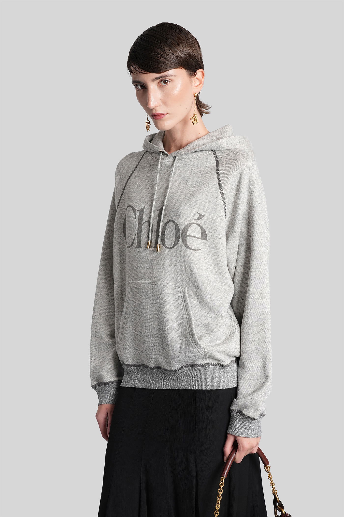 Chloé Cotton Blend Logo Hoodie In Gray
