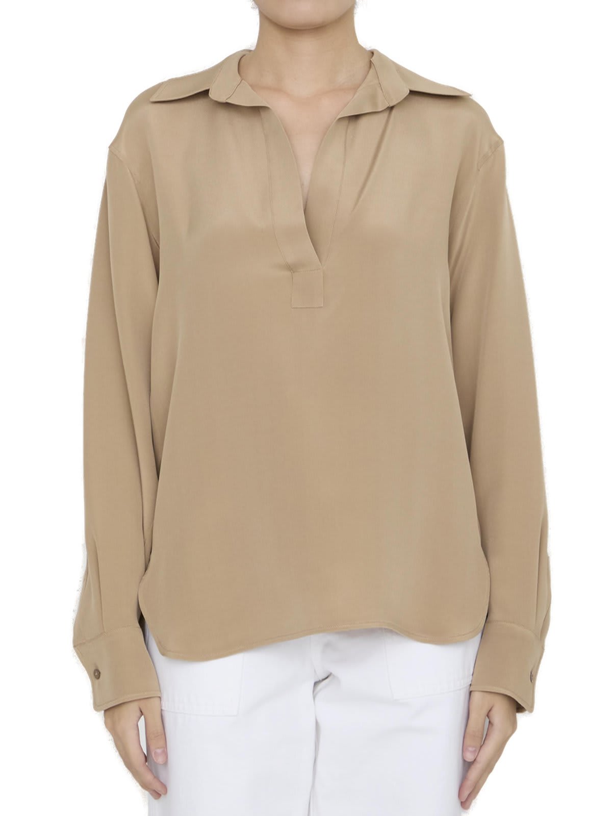 Shop Max Mara V-neck Long-sleeve Shirt In Camel