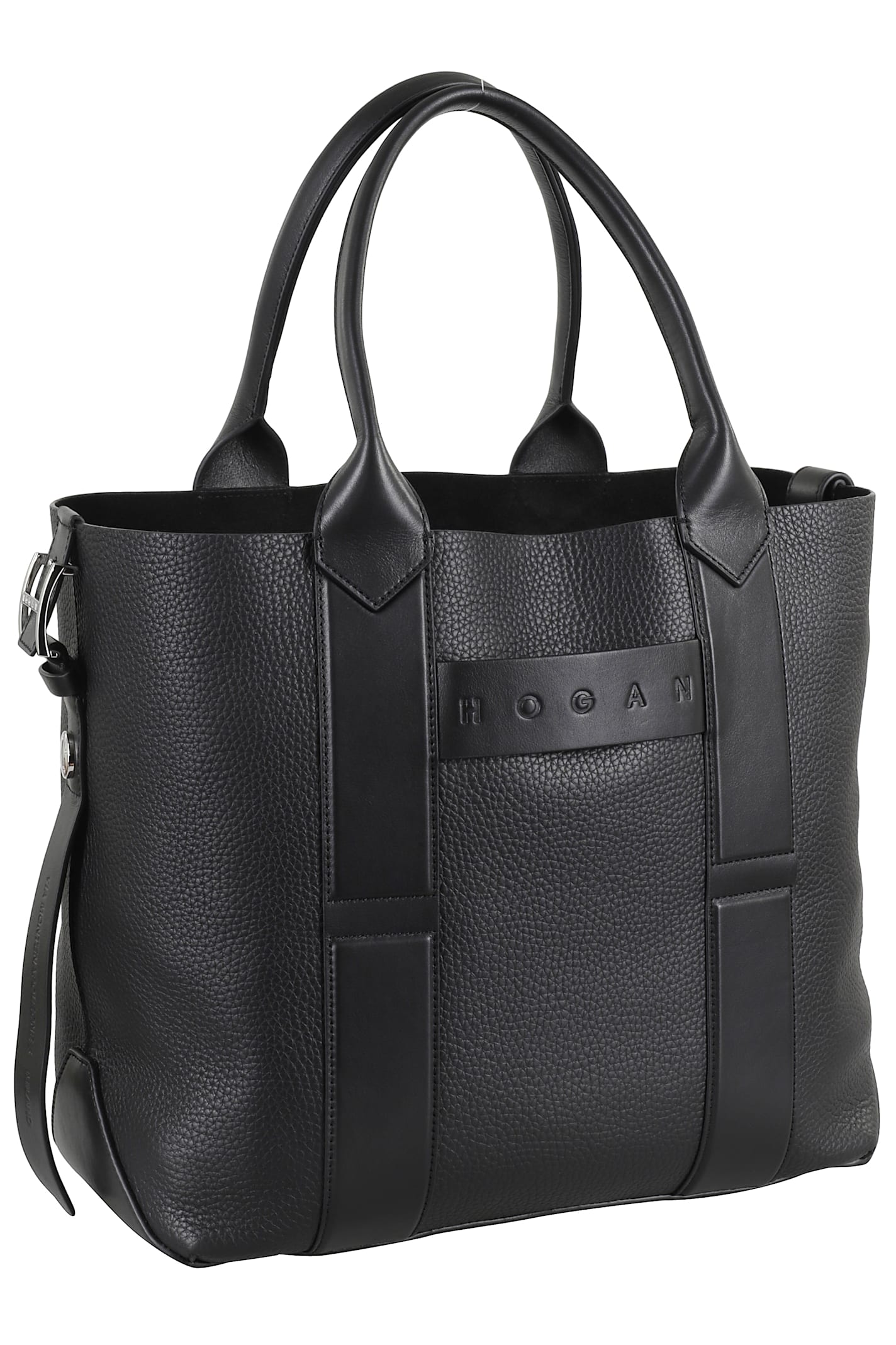 Hogan Medium Script Shopping Bag With Textured Leather Finish In Black