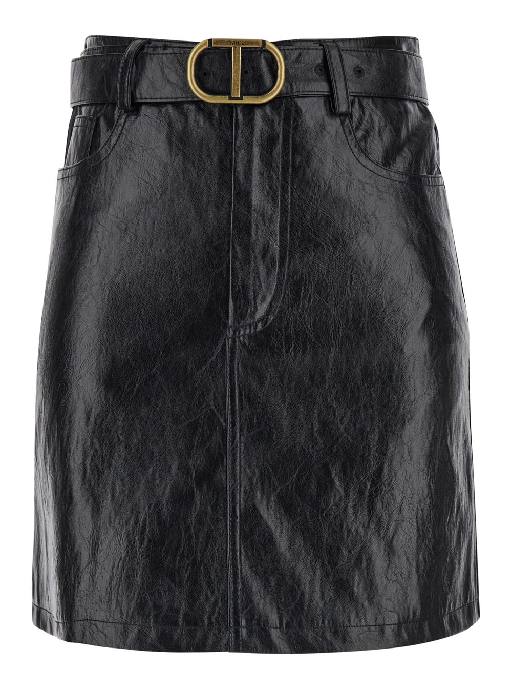 Black Mini-skirt With Oval T Belt In Eco Leather Woman