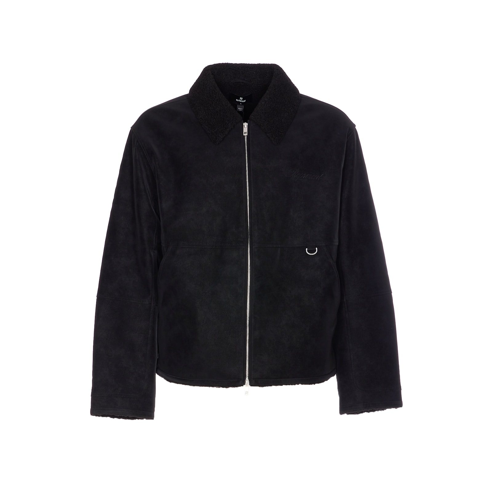 Represent Cropped Black Shearling Jacket With Plush Fur Collar In Black