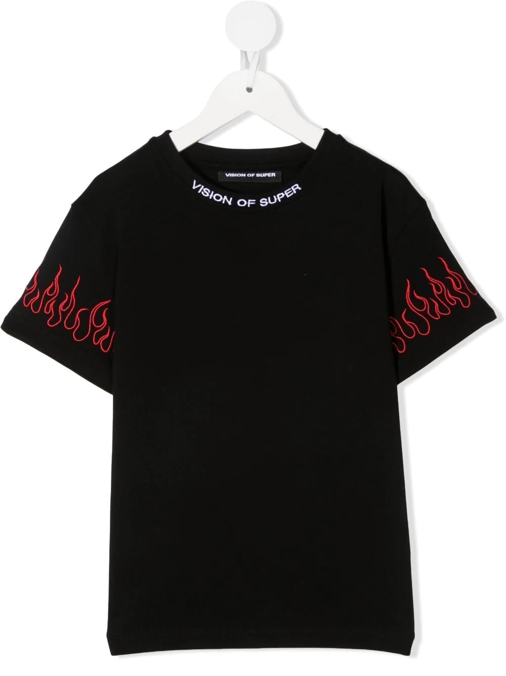 Vision of Super Unisex Kid Black T-shirt With Embroidered Red Flames