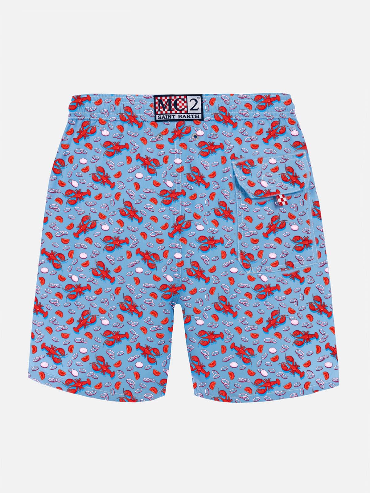Mc2 Saint Barth Man Lightweight Fabric Swim-shorts Lighting Micro Fantasy With Lobster Print In Sky