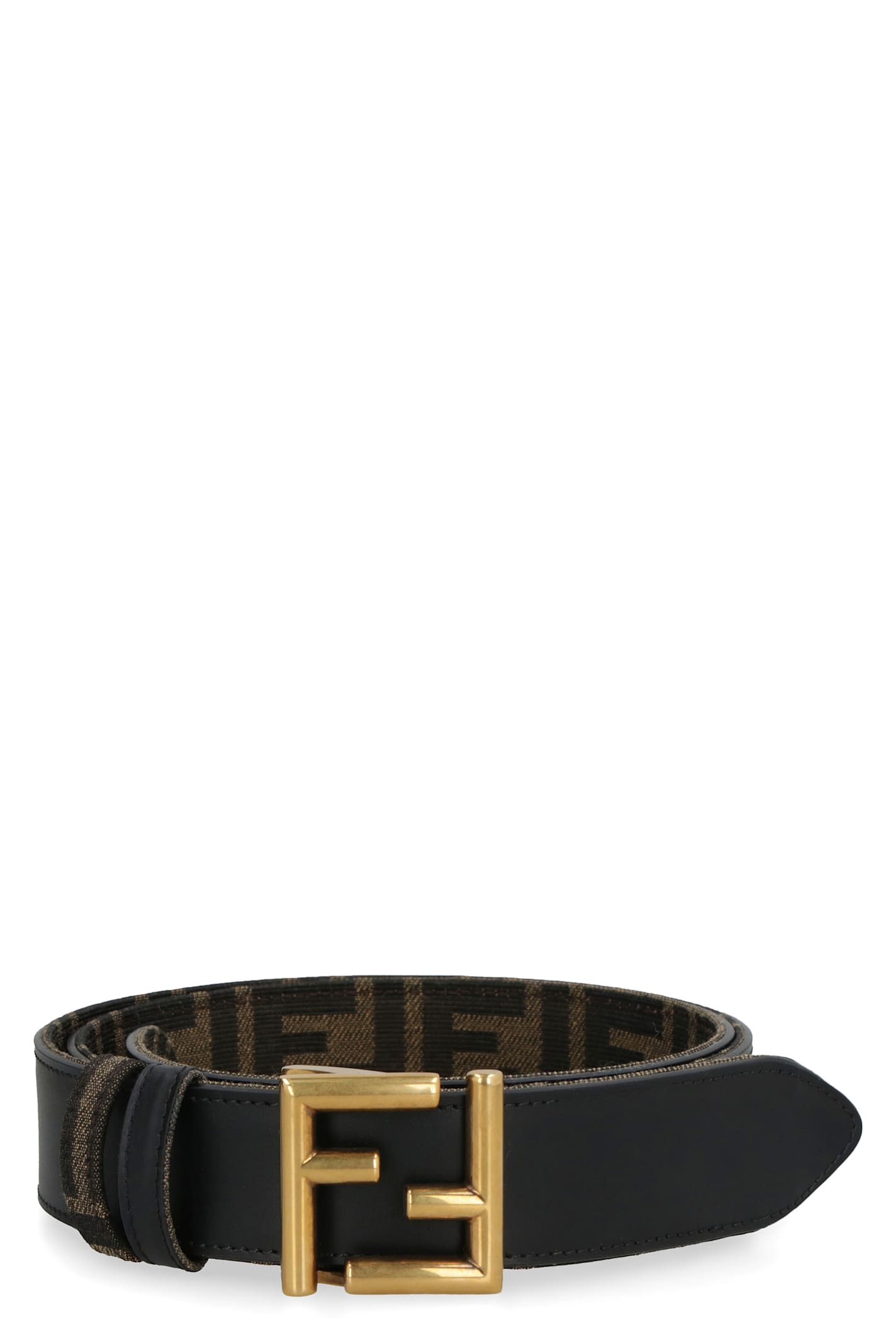 Fendi Leather And Ff Fabric Reversible Belt In Black