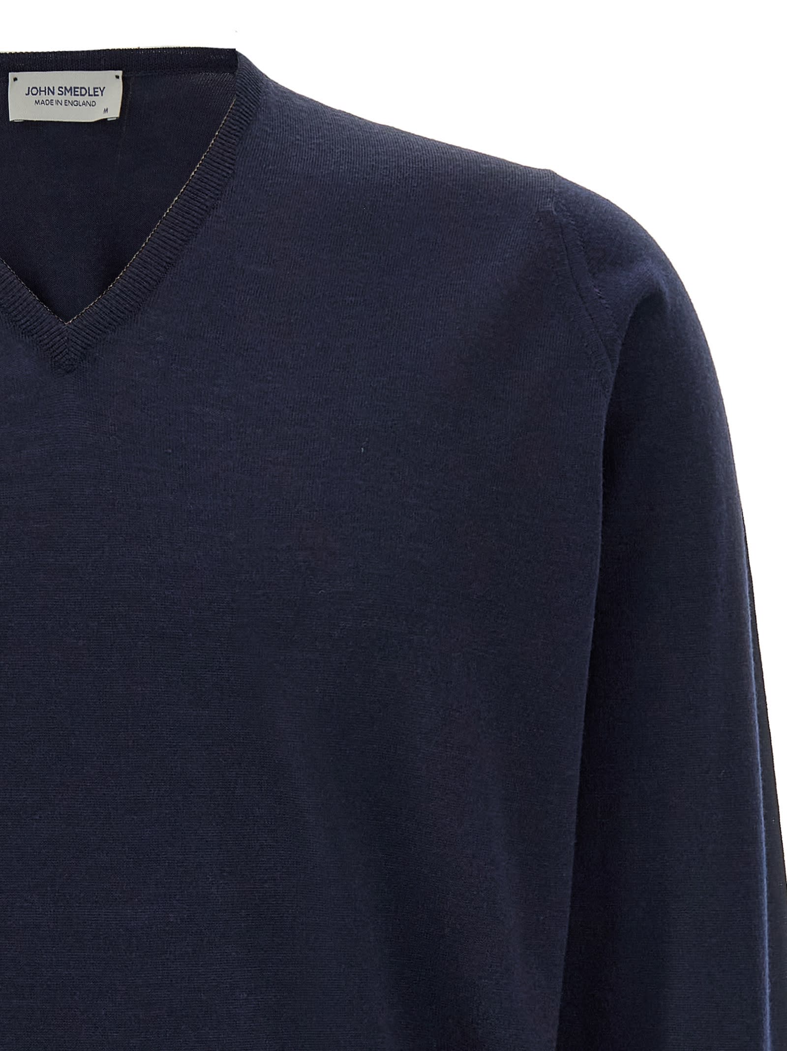 John Smedley V-neck Sweater With Ribbed Cuffs And Hem In Blue