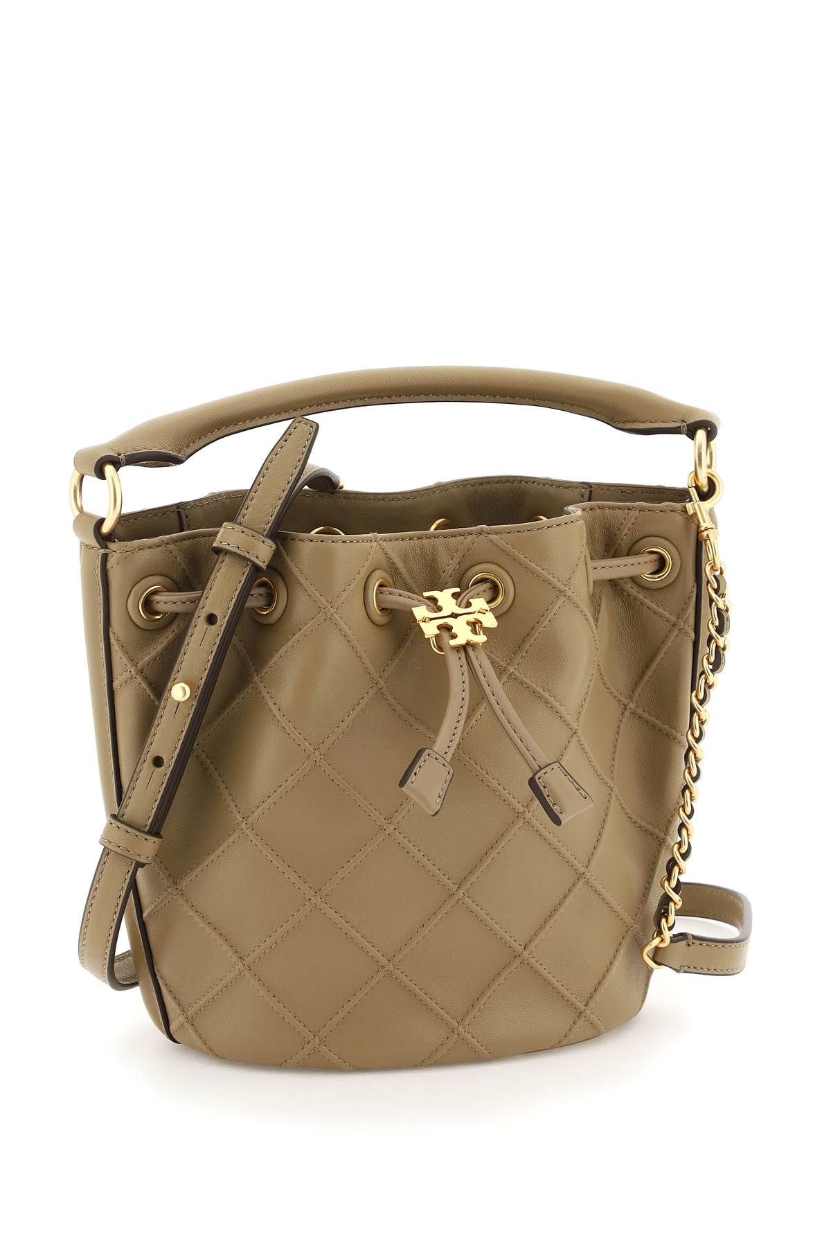 Tory Burch Fleming Mini Diamond Lambskin Bucket Bag In Pebblestone