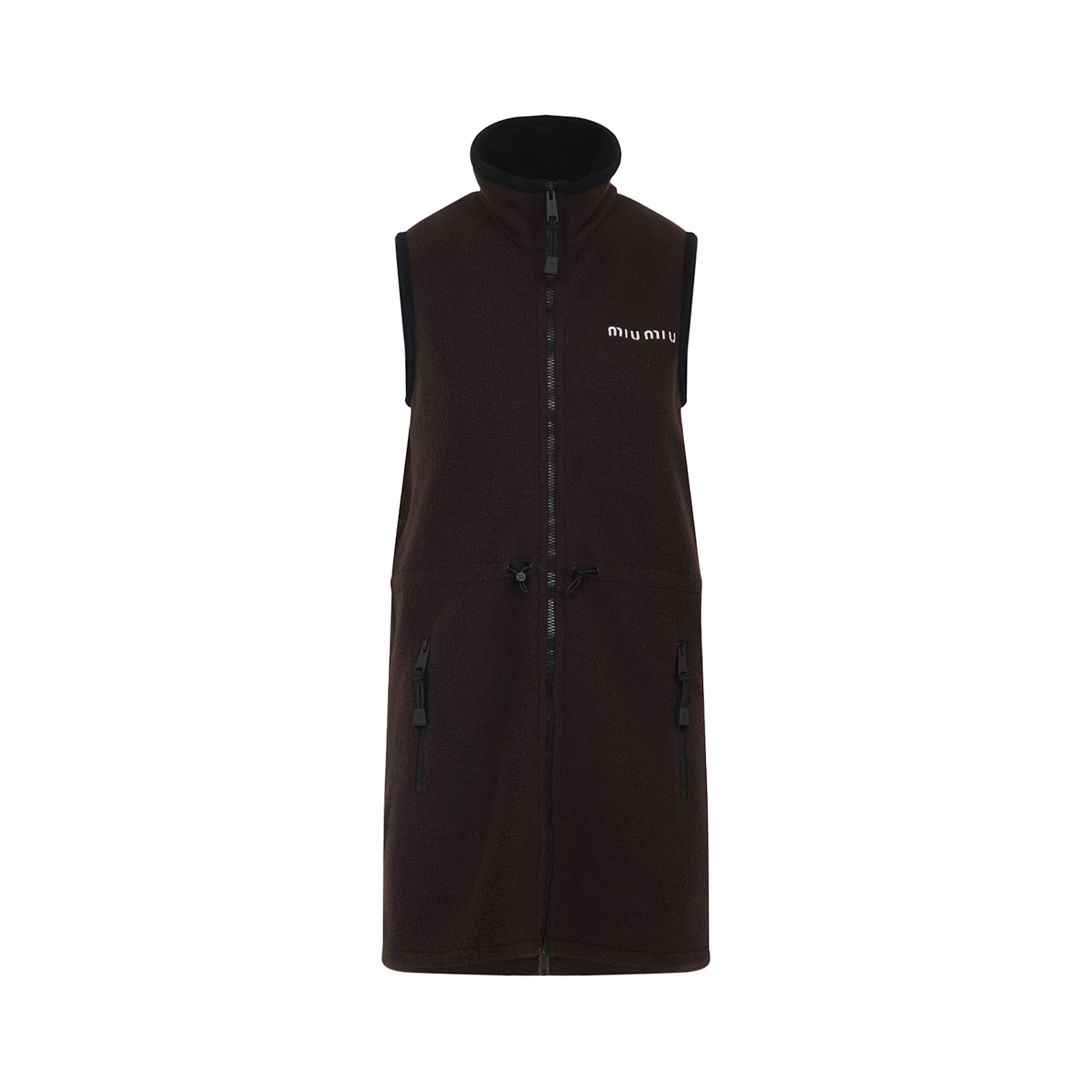 Miu Miu Mini Dress With Drawstring Waist And High Collar In Brown