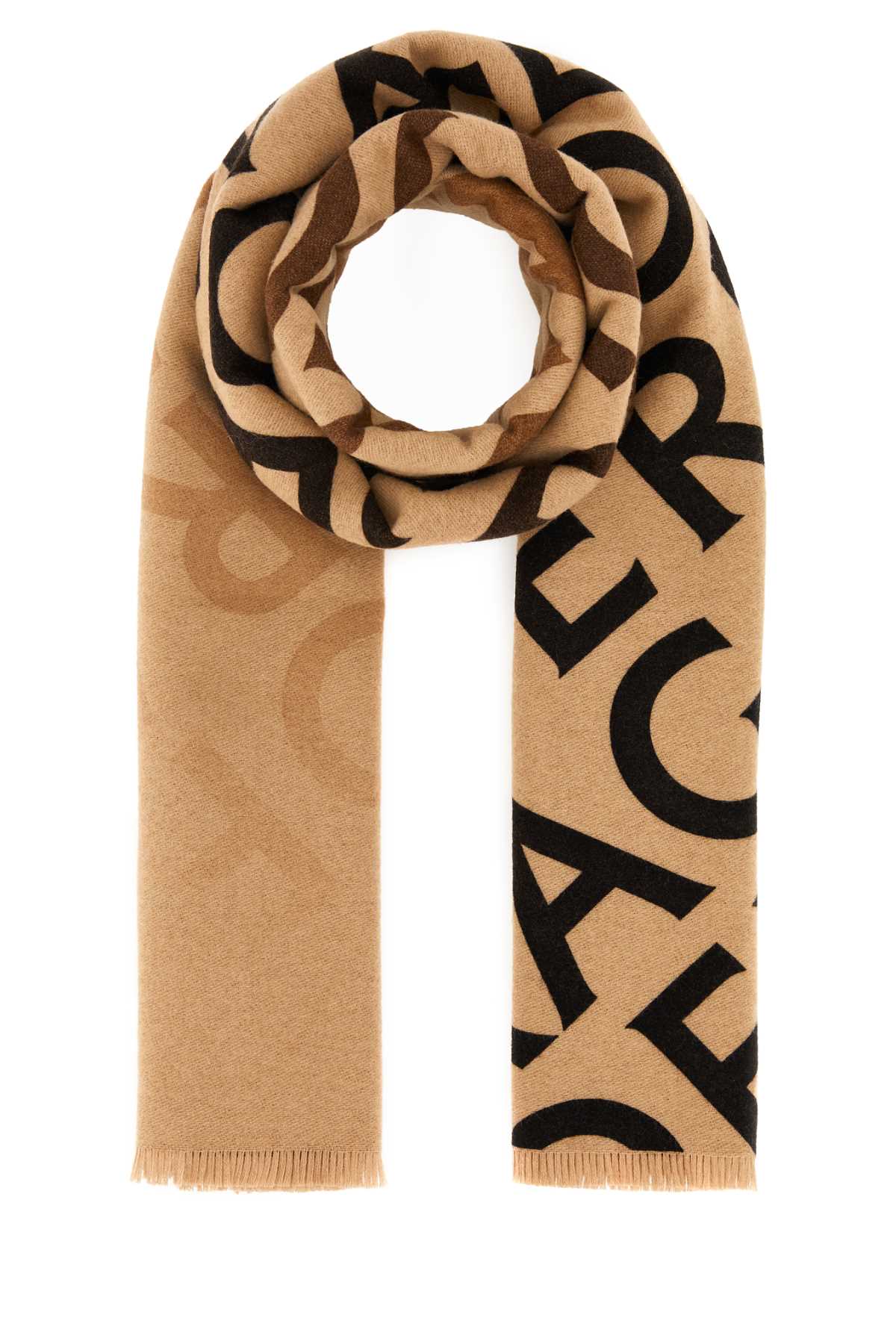 Ferragamo Wool Blend Reversible Embroidered Scarf With Fringed Edges In Brown