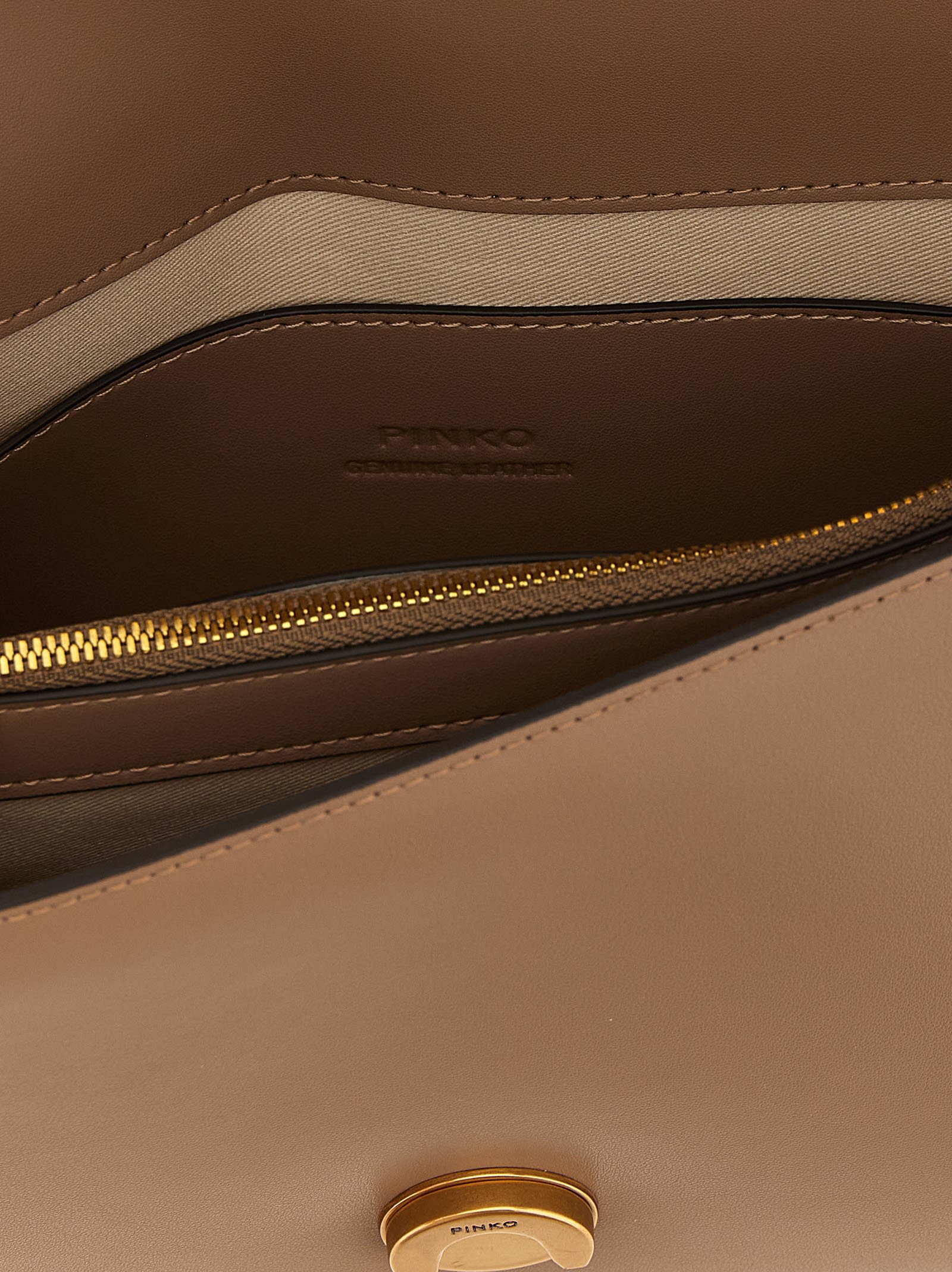 Pinko Beige Leather Shoulder Bag With Logo Buckle In Brown