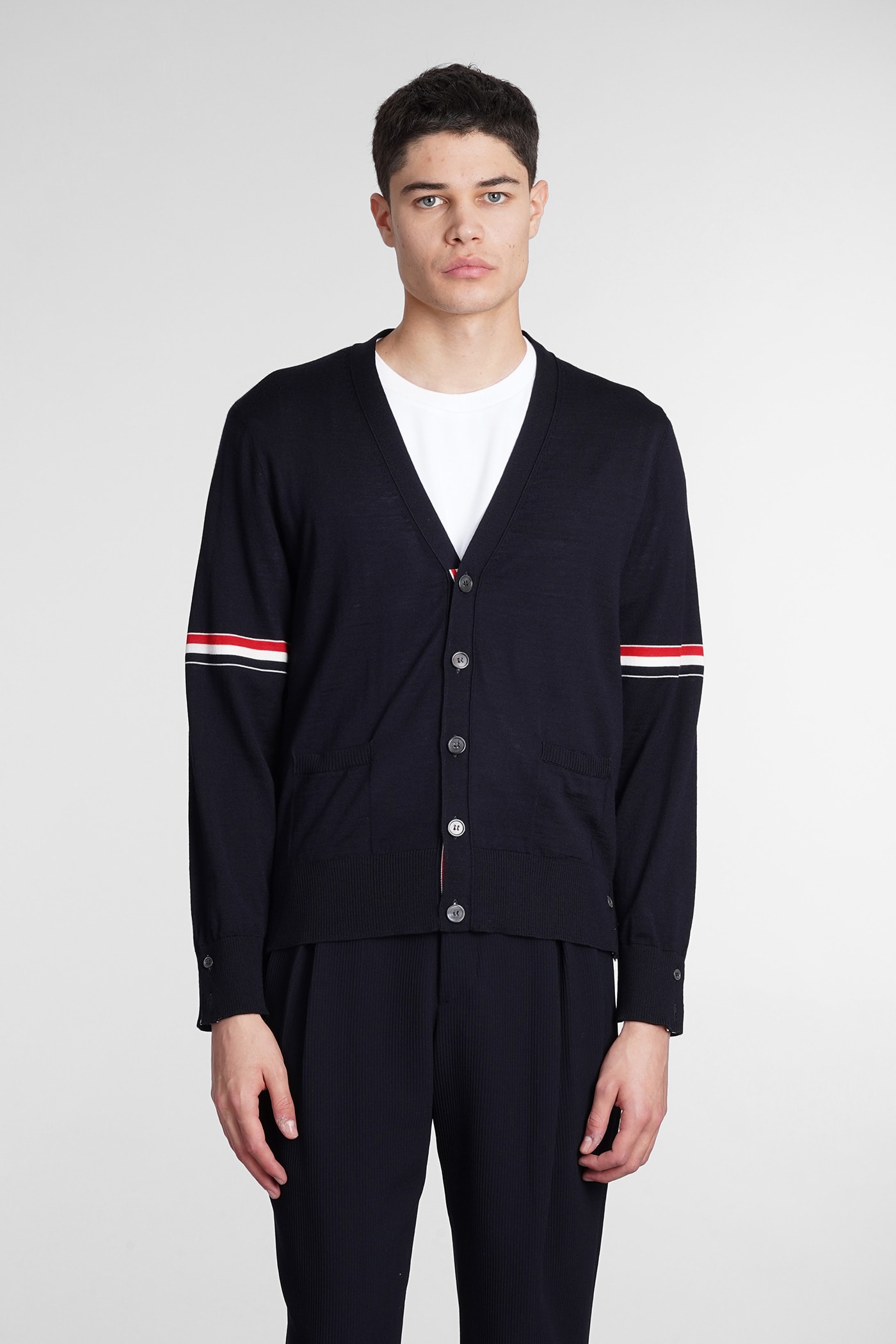 THOM BROWNE CARDIGAN IN BLUE WOOL