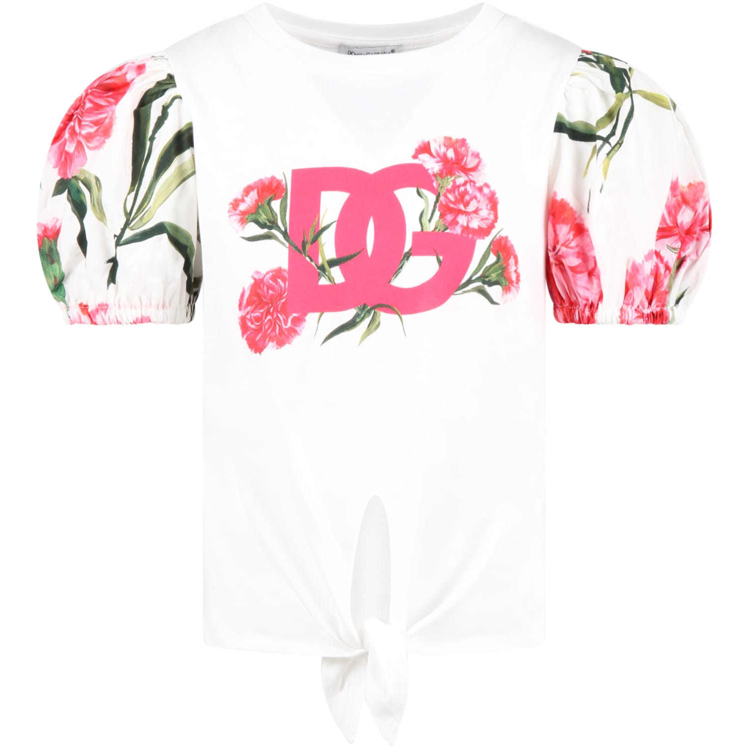 Dolce & Gabbana Kids' White T-shirt For Girl With Carnations