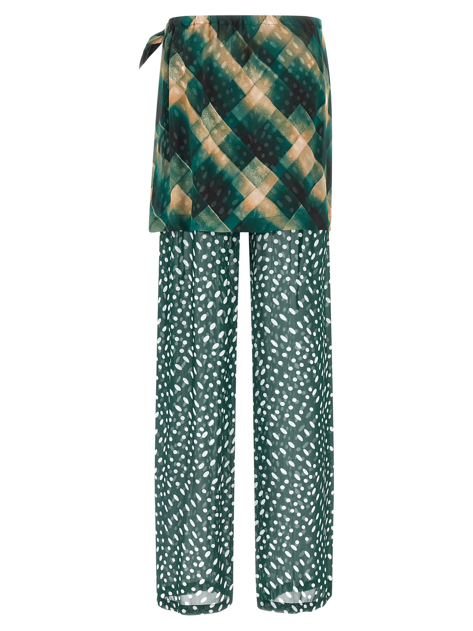 Dries Van Noten Layered Sheer Tie Waist Wrap Trousers In Green