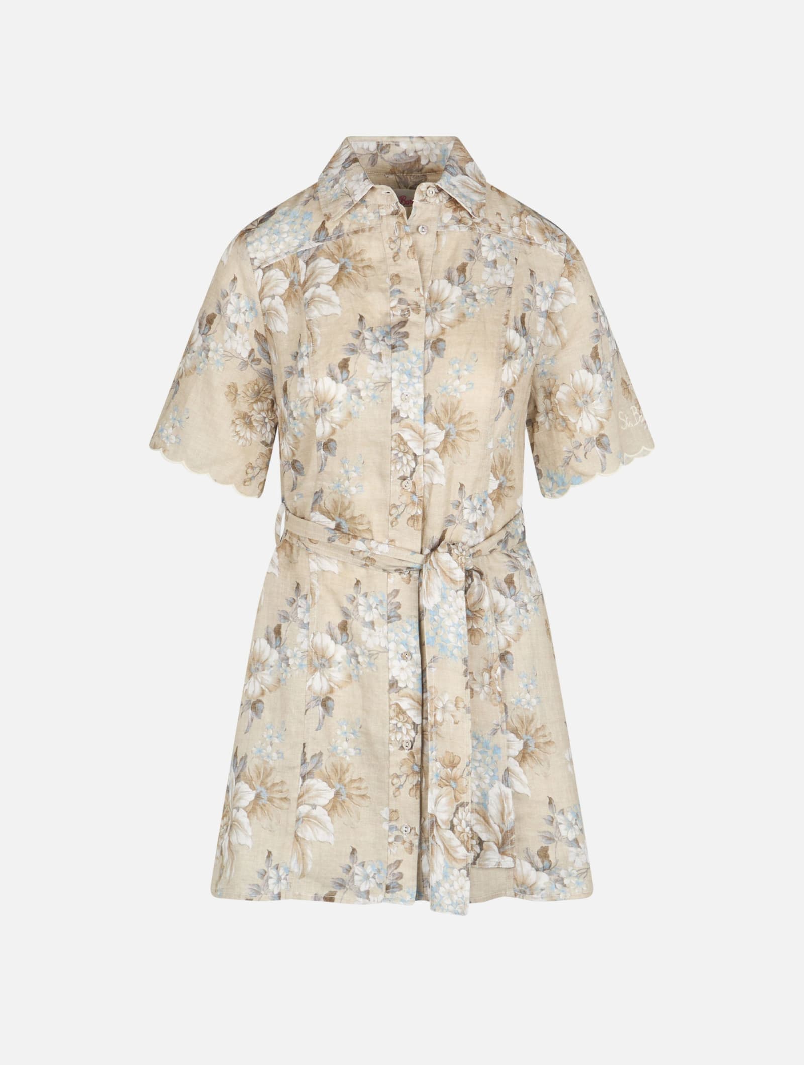 Mc2 Saint Barth Woman Flower Linen Dress Hermione In Beige