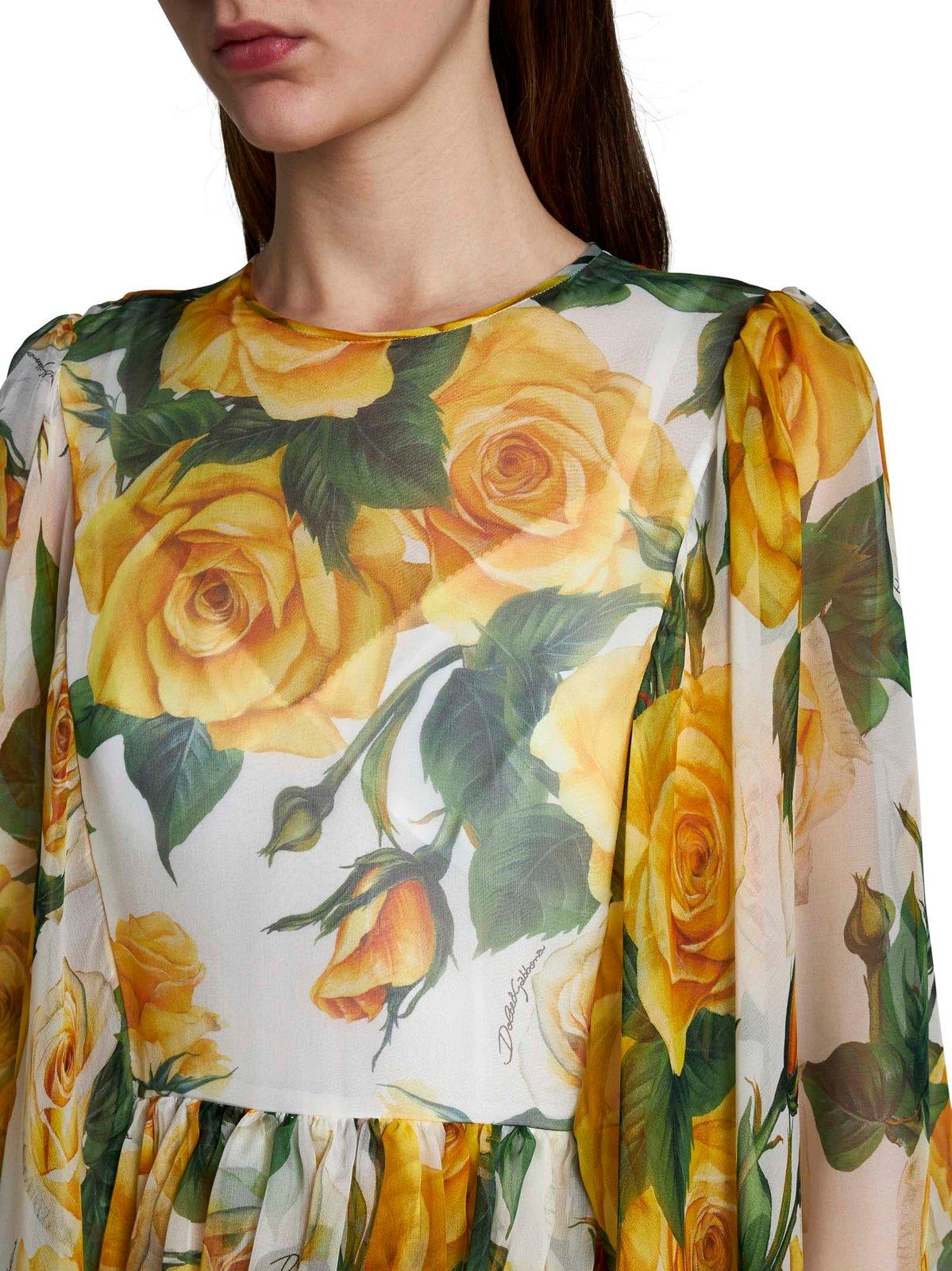 Shop Dolce & Gabbana Rose-printed Asymmetric Mini Dress In White/yellow