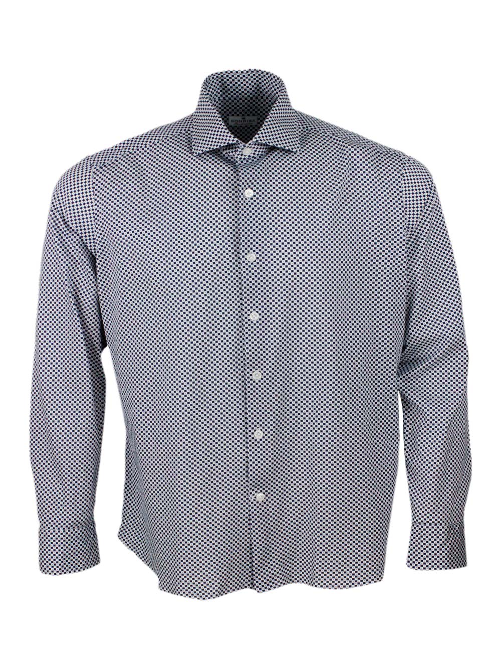 Luxury Shirt In Soft, Precious And Very Fine Stretch Cotton Flower With French Collar In A Small Geometric Checkered Design Print