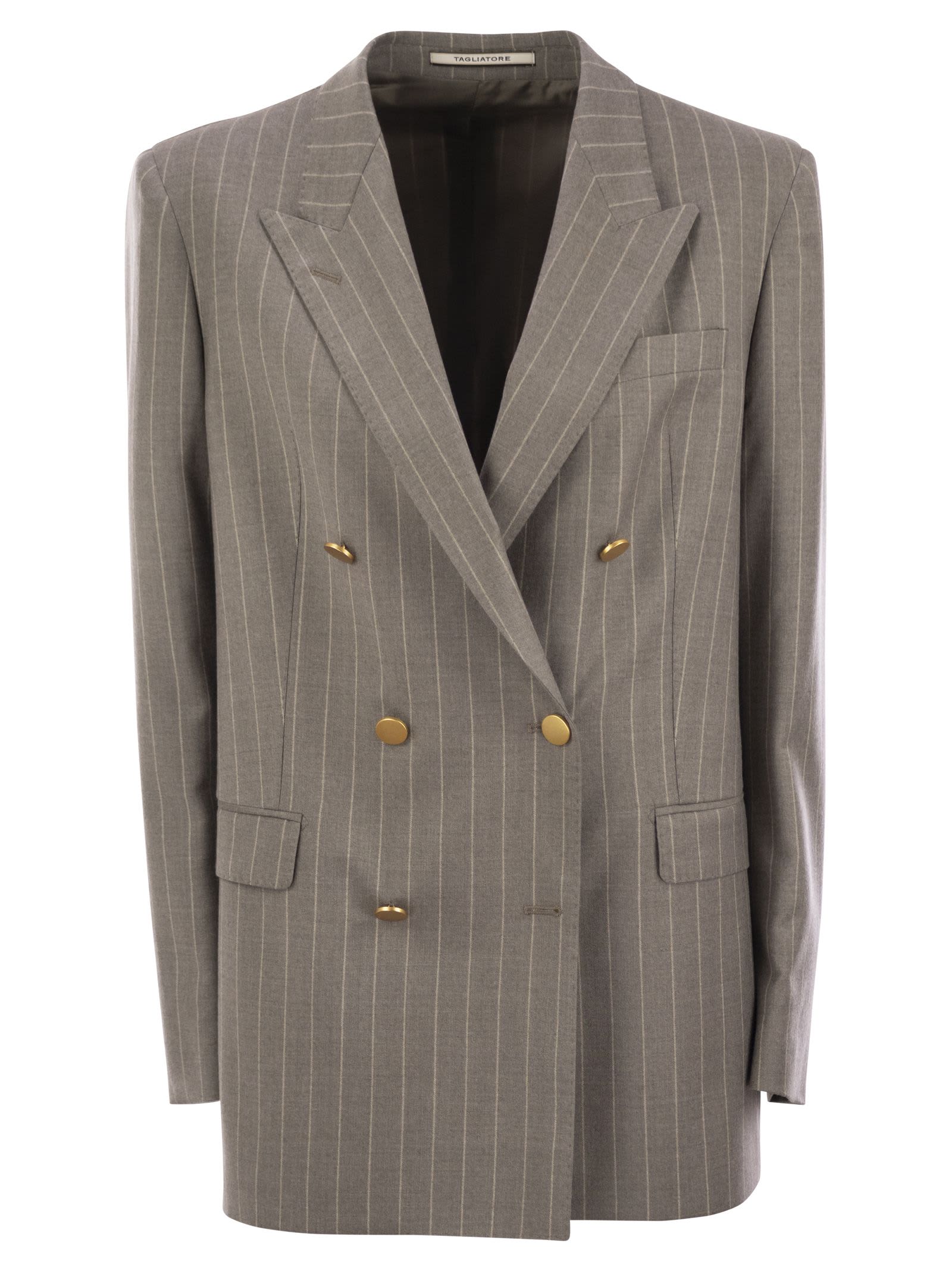 Tagliatore Women Stretch Wool Double-breasted Pinstripe Blazer In Grey