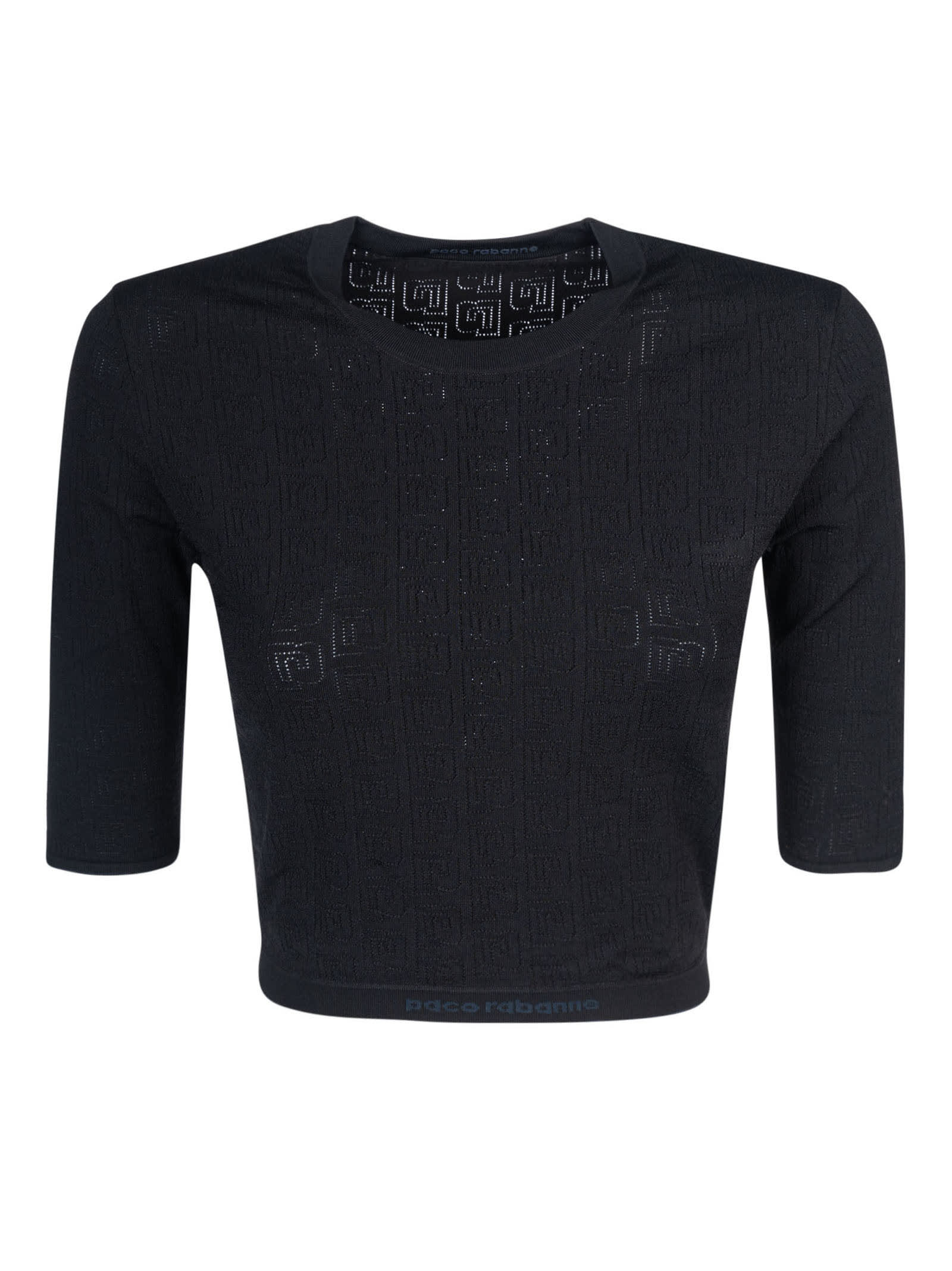 Shop Paco Rabanne Patterned Knit Cropped Top In Black