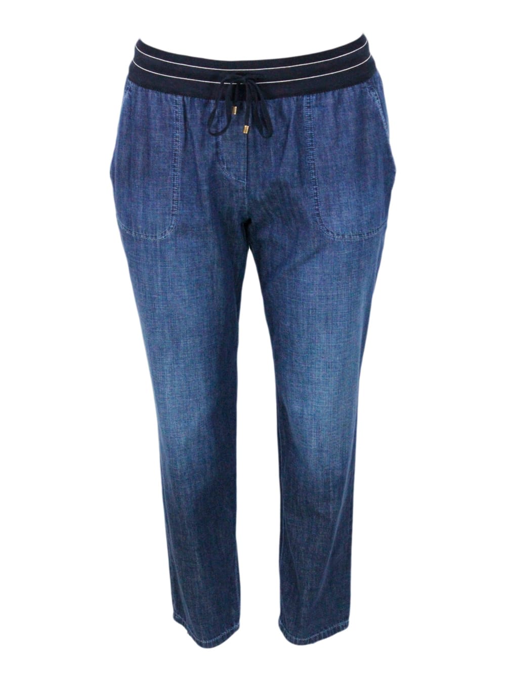 Lorena Antoniazzi Jogging Trousers With Drawstring Waist In Light Chambray Denim With Elastic Band Embellished With Ro