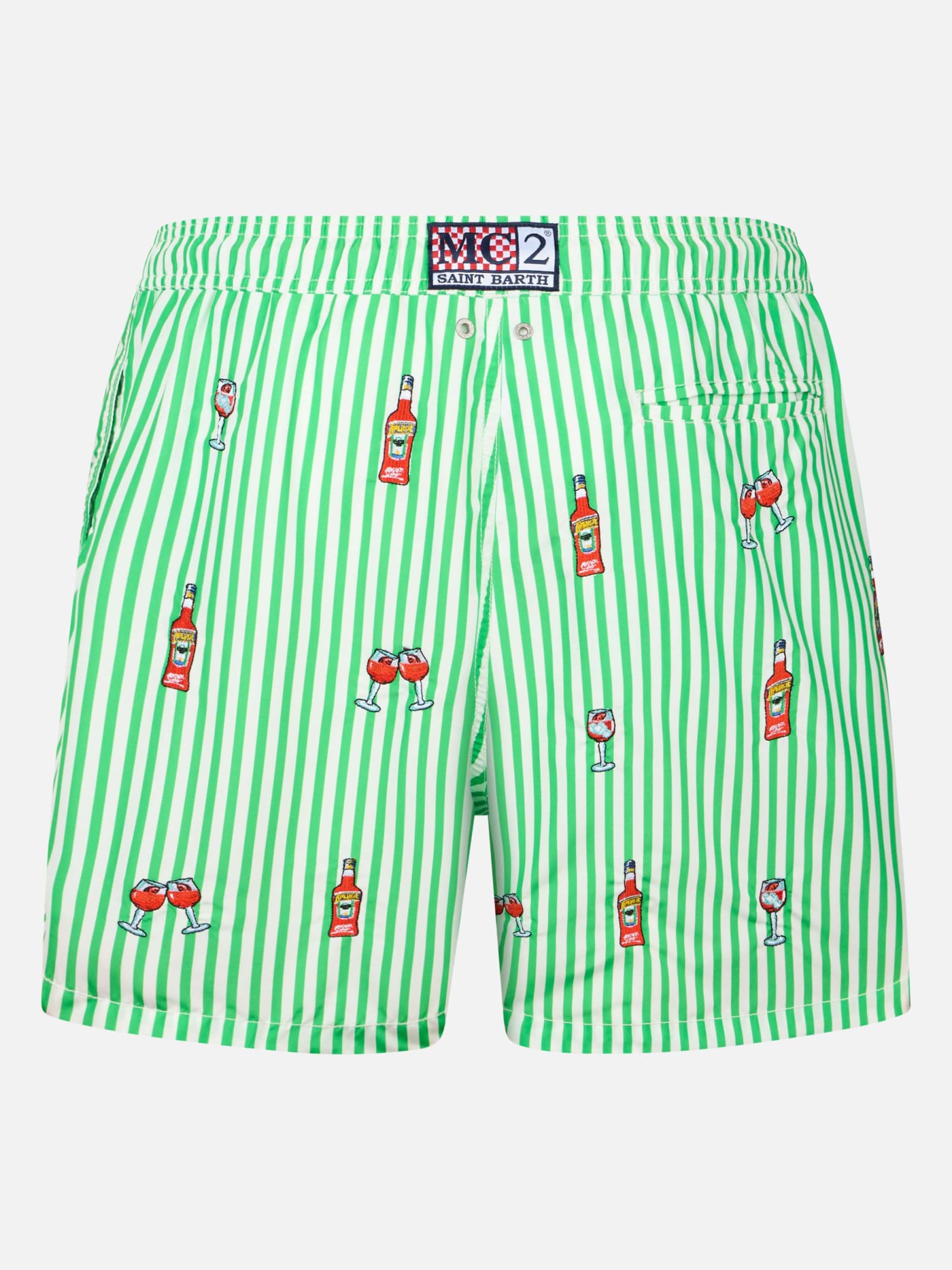 Mc2 Saint Barth Man Mid-length Striped Gustavia Swim-shorts With Aperol Spritz Embroidery Aperol Special Edition In White