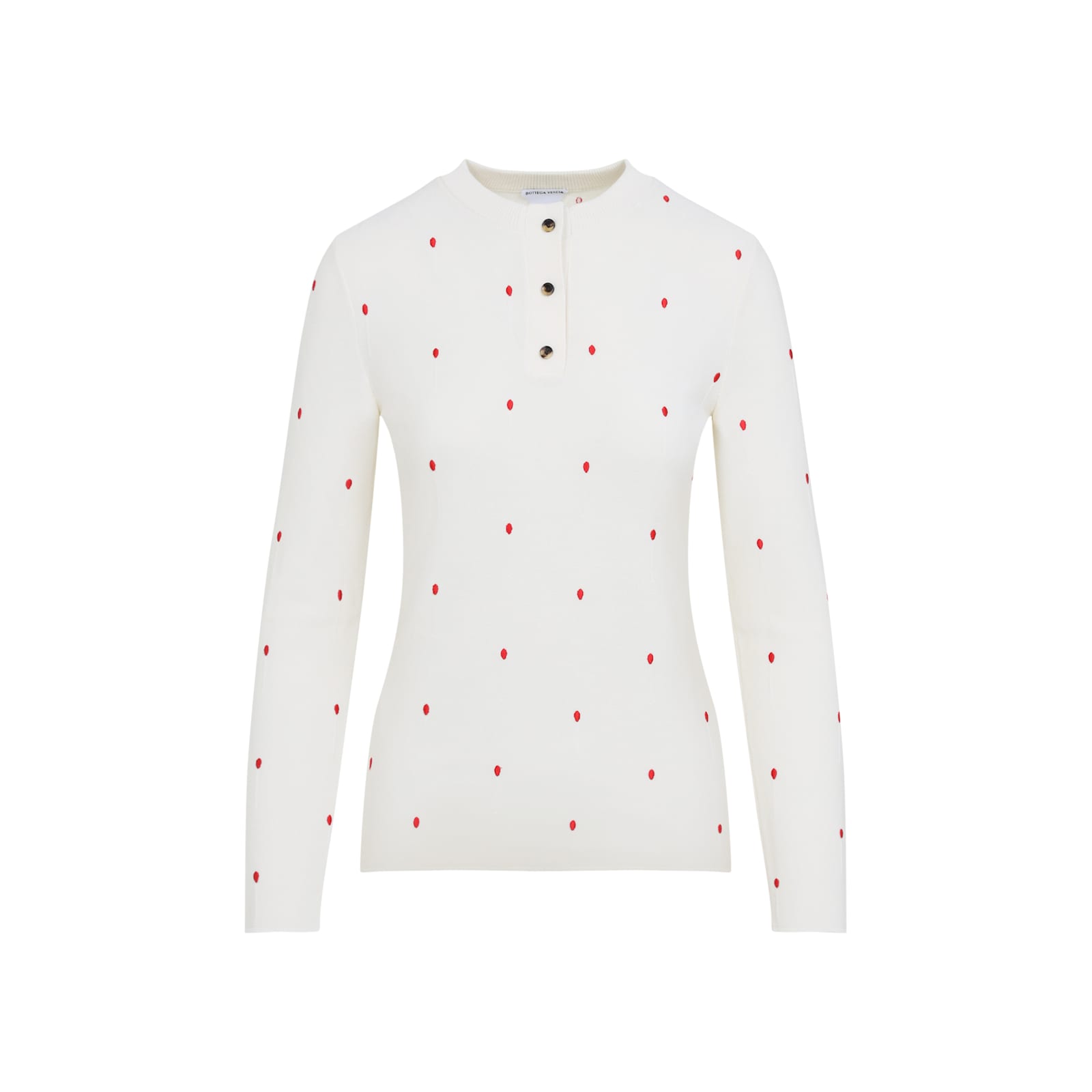 Bottega Veneta Polka Dot Crew Neck Top With Red Embellishment In Chalk Vernis