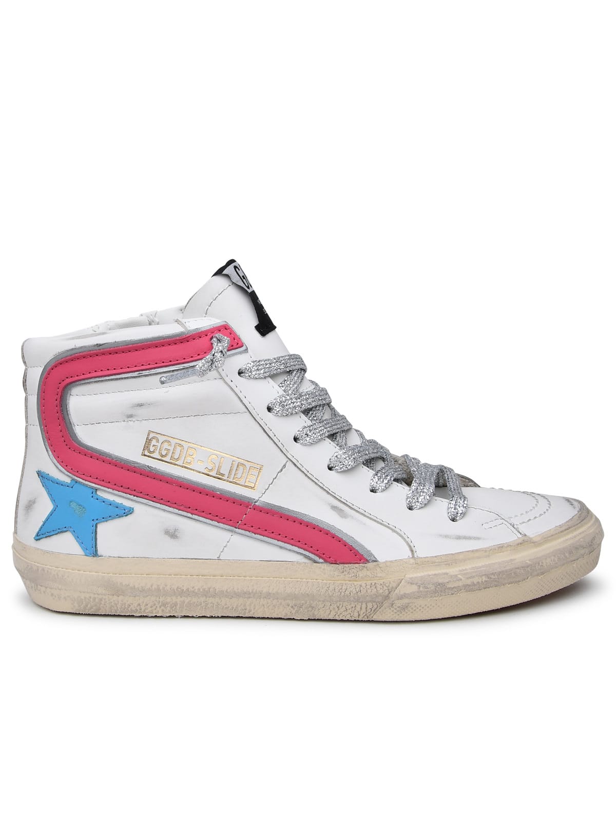 Golden Goose Slide High-top Sneakers In White/light Blue/fuchsia