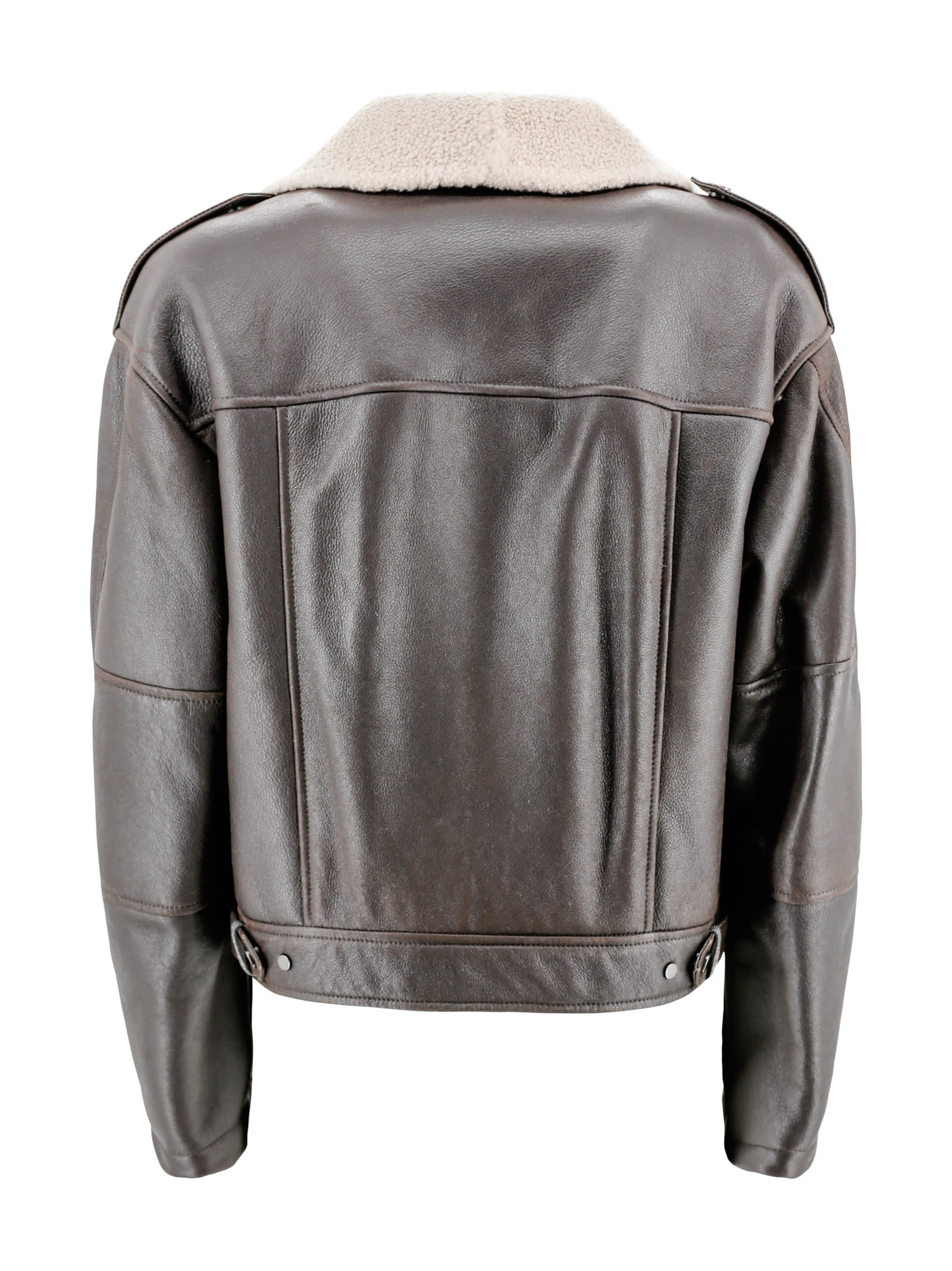 Shop Brunello Cucinelli Giacca Biker In Pelle Con Collo In Shearling In Cioccolato