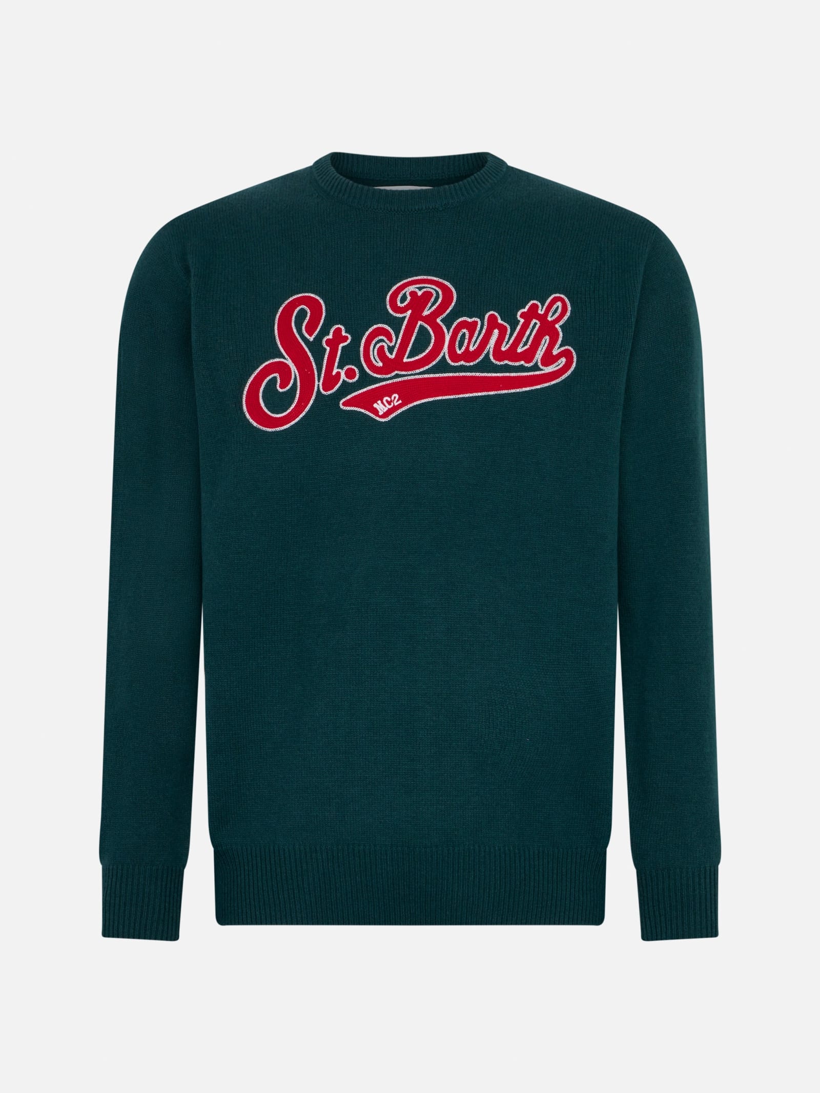 Mc2 Saint Barth Man Crewneck Green Sweater With St. Barth Embroidery In Green