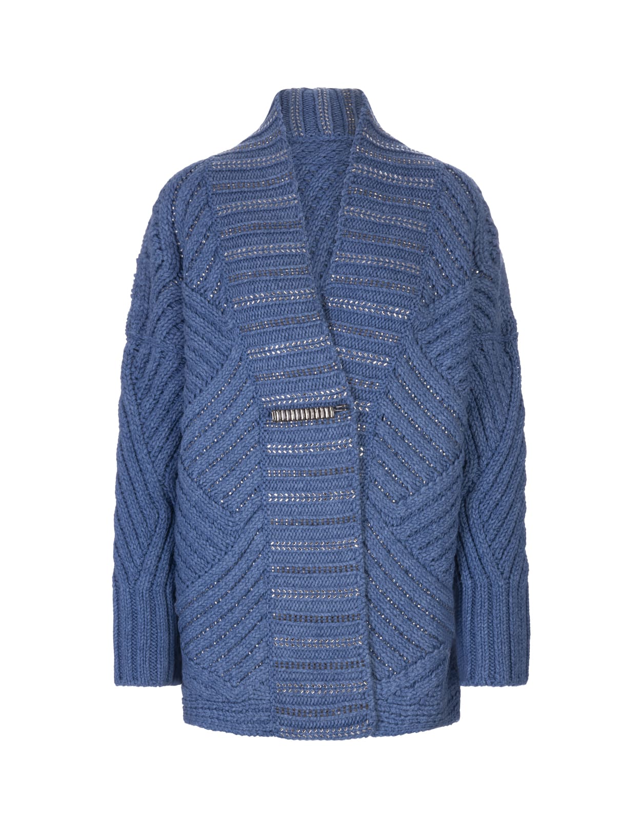 Ermanno Scervino Woman Cardigan In Blue Wool Blend With Crystals