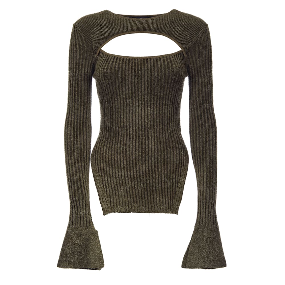 ANDREADAMO Ribbed Knit Velvet Top With Cut-out