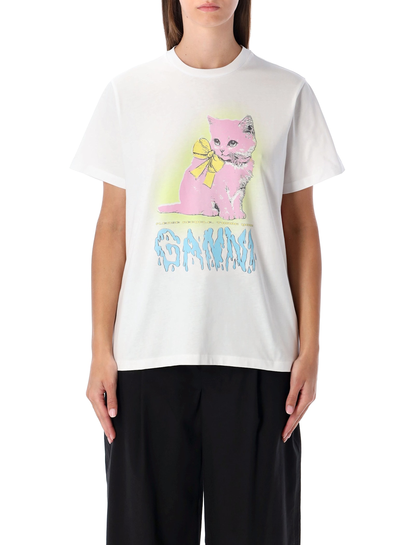 Ganni Neon Kitty Bright White T-shirt In White