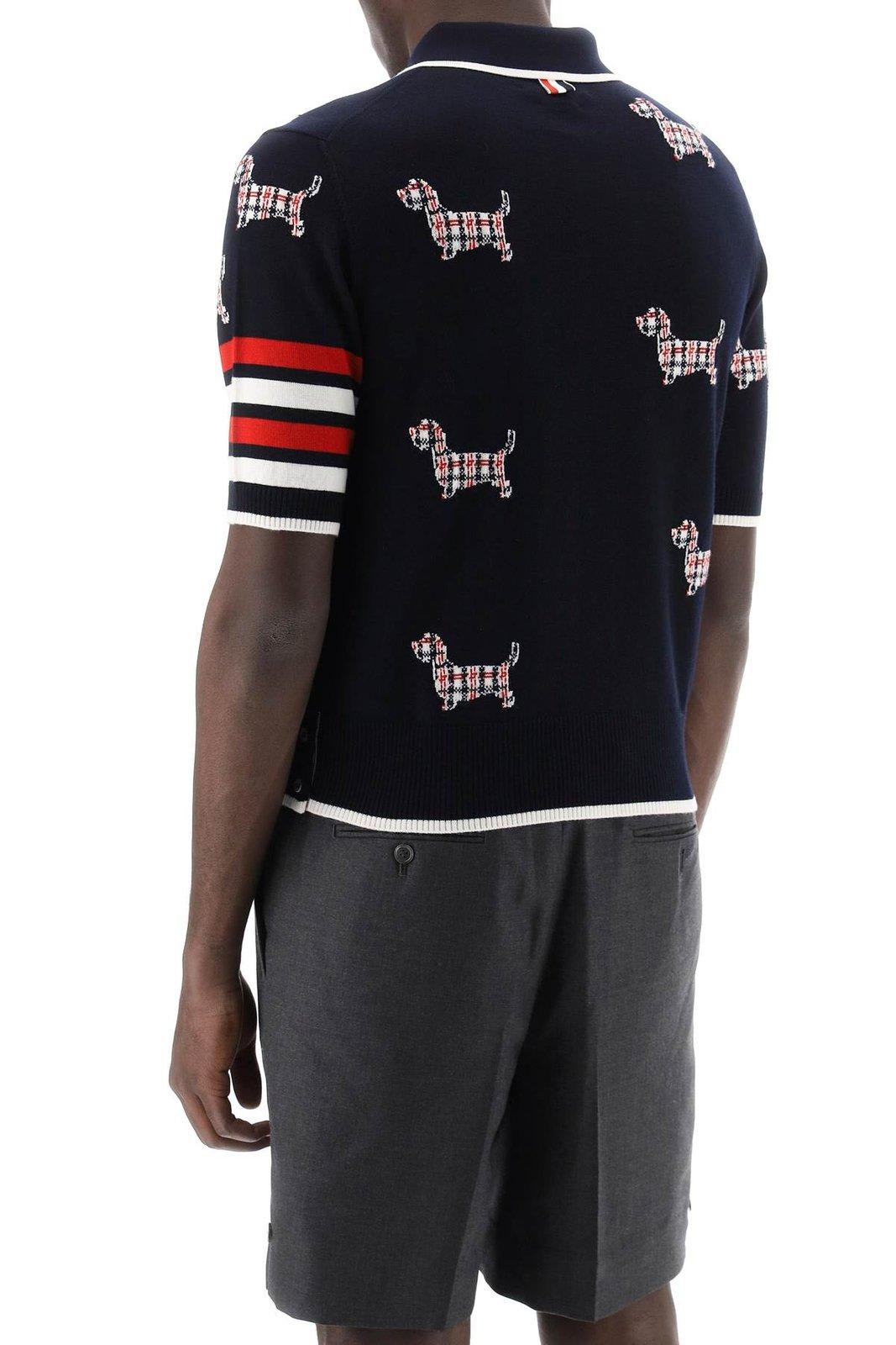 Shop Thom Browne Hector Intarsia-knit Short Sleeved Polo Top In Navy