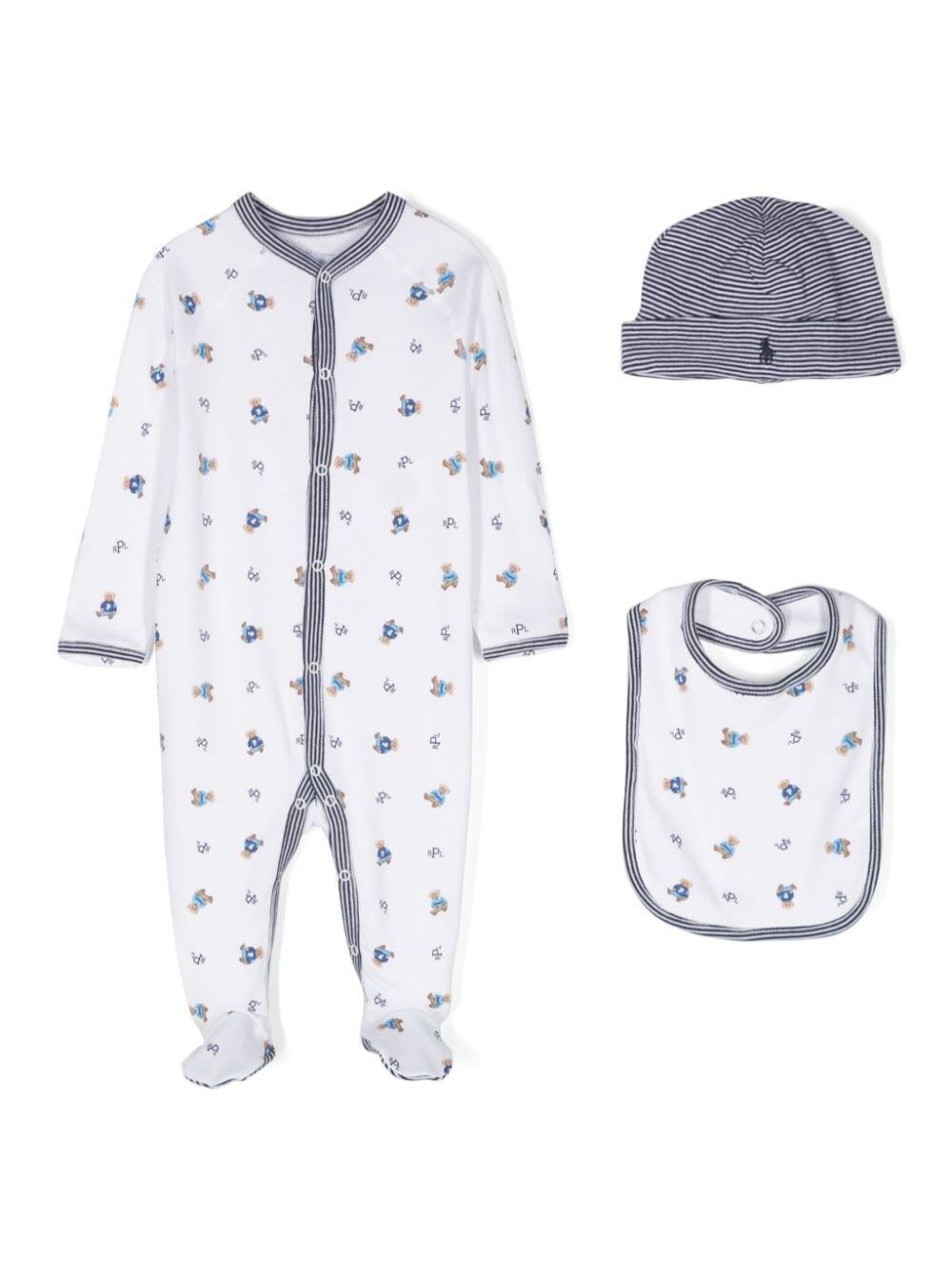 Polo Ralph Lauren Set Of White Jumpsuits With Beanie And Bib With All-over Polo Bear Print In Cotton Baby In White