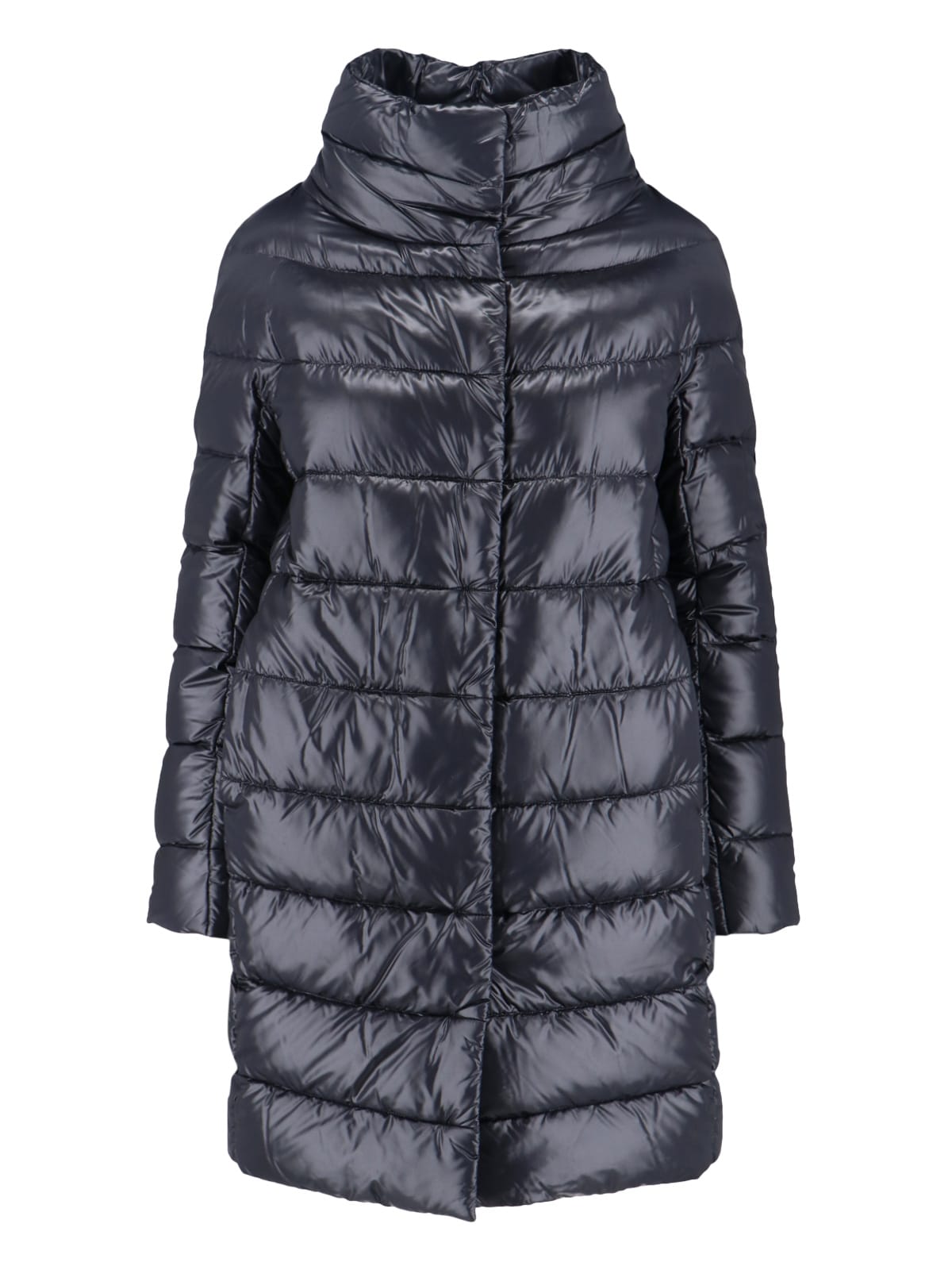 Herno Navy Long Puffer Jacket With High Collar In Black