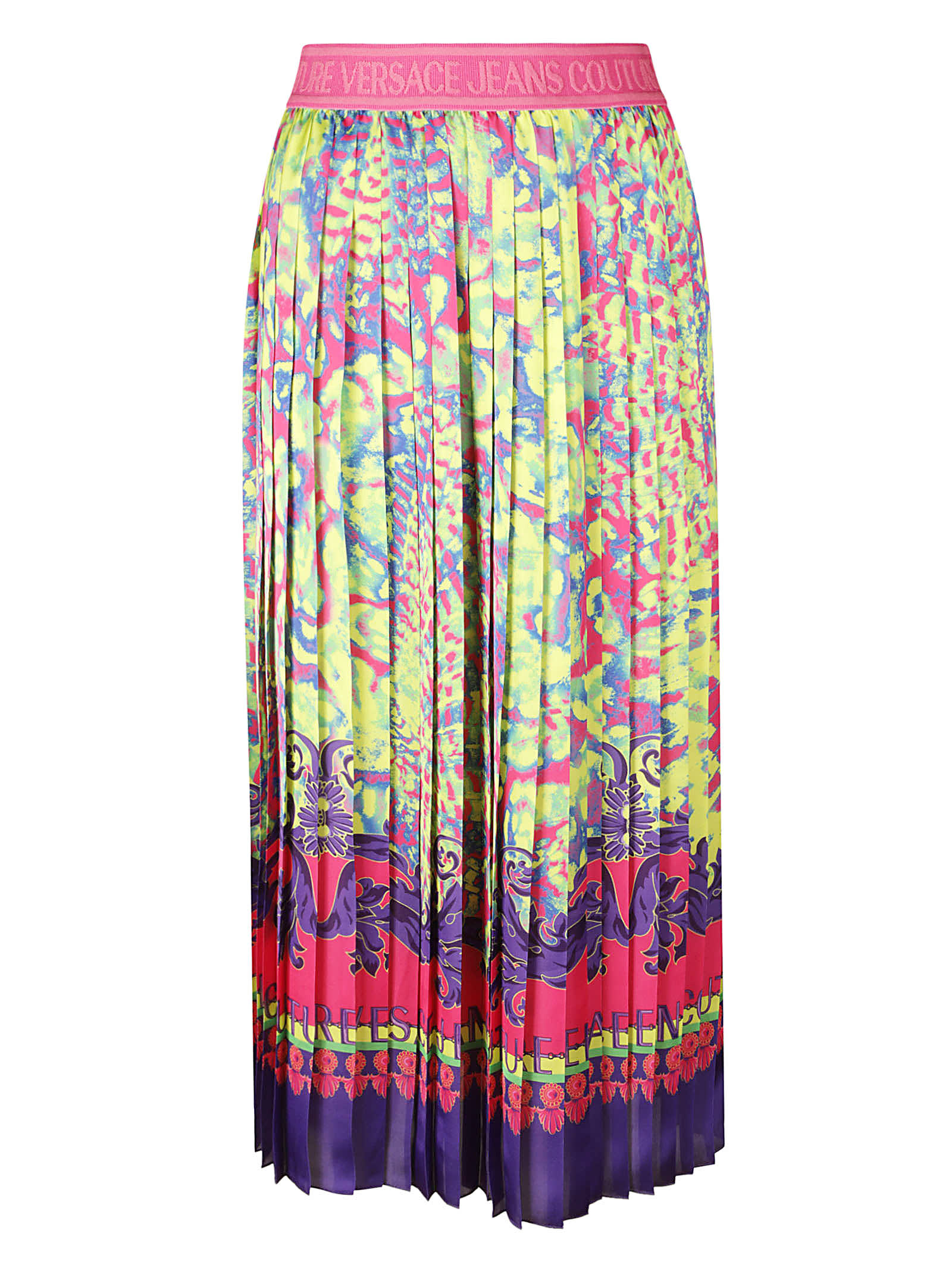 Shop Versace Jeans Couture Elastic Logo Waist Pleated Skirt In Multicolor