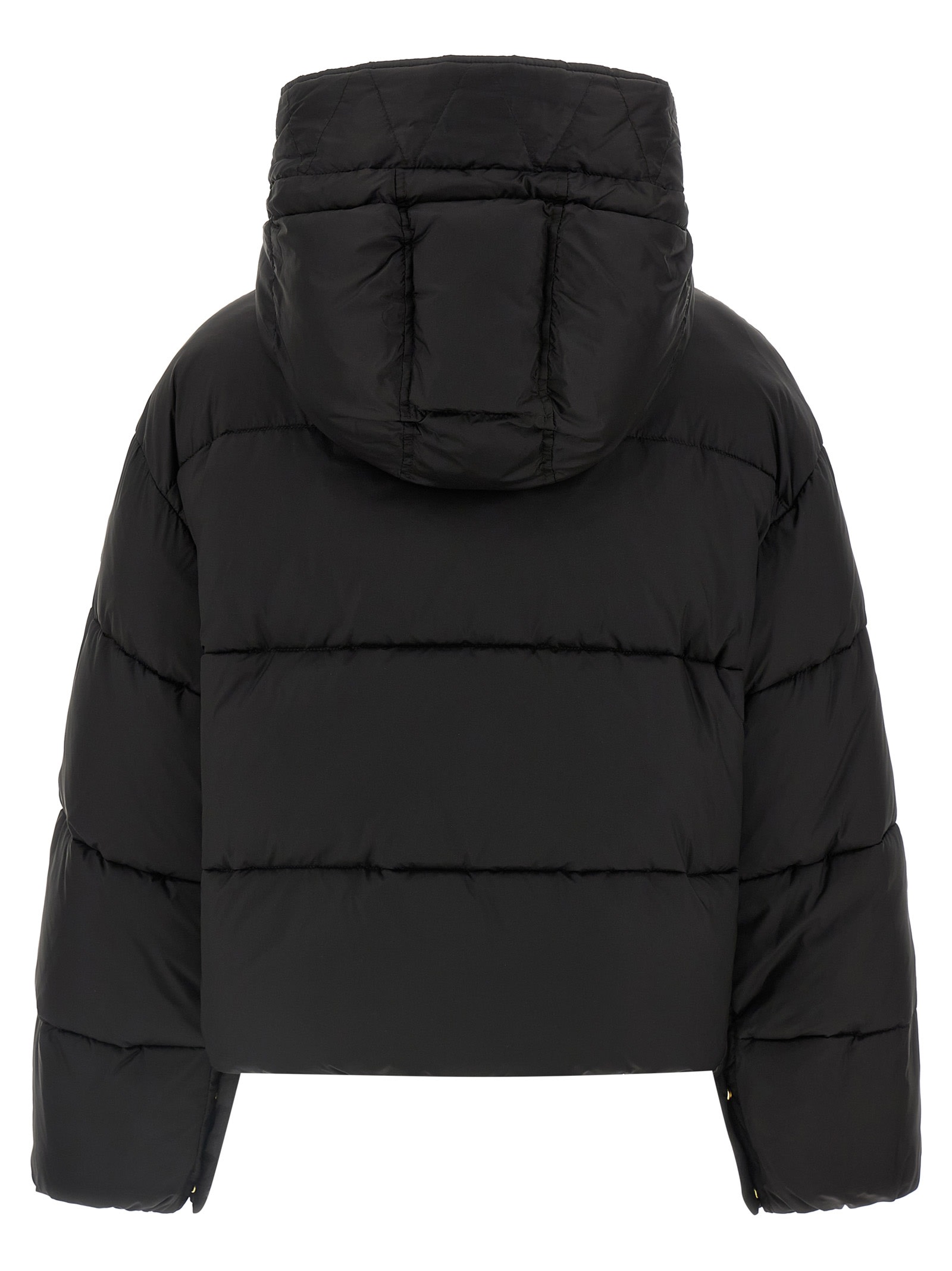 Pinko Cropped Black Coat With Hooded Neckline And Embroidered Logo In Brown