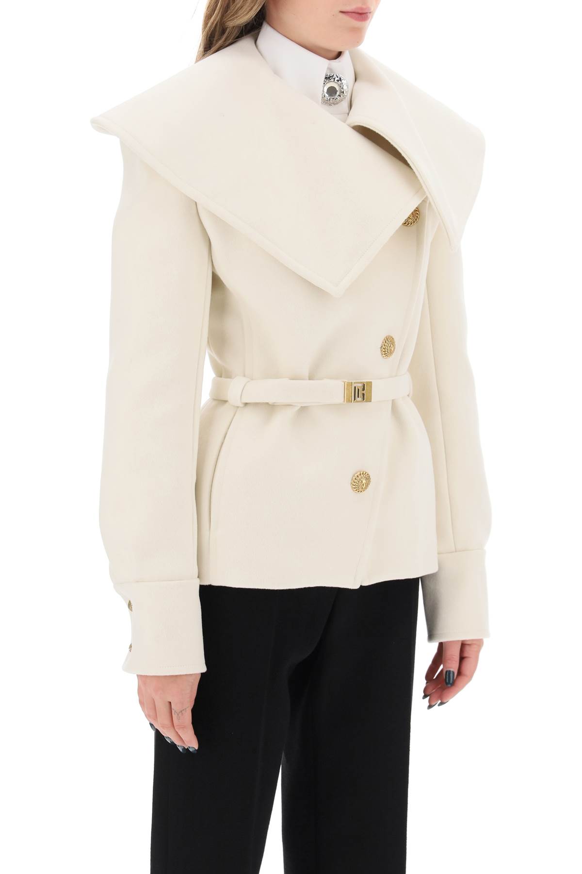 Shop Balmain Belted Double-breasted Peacoat In Blanc (white)