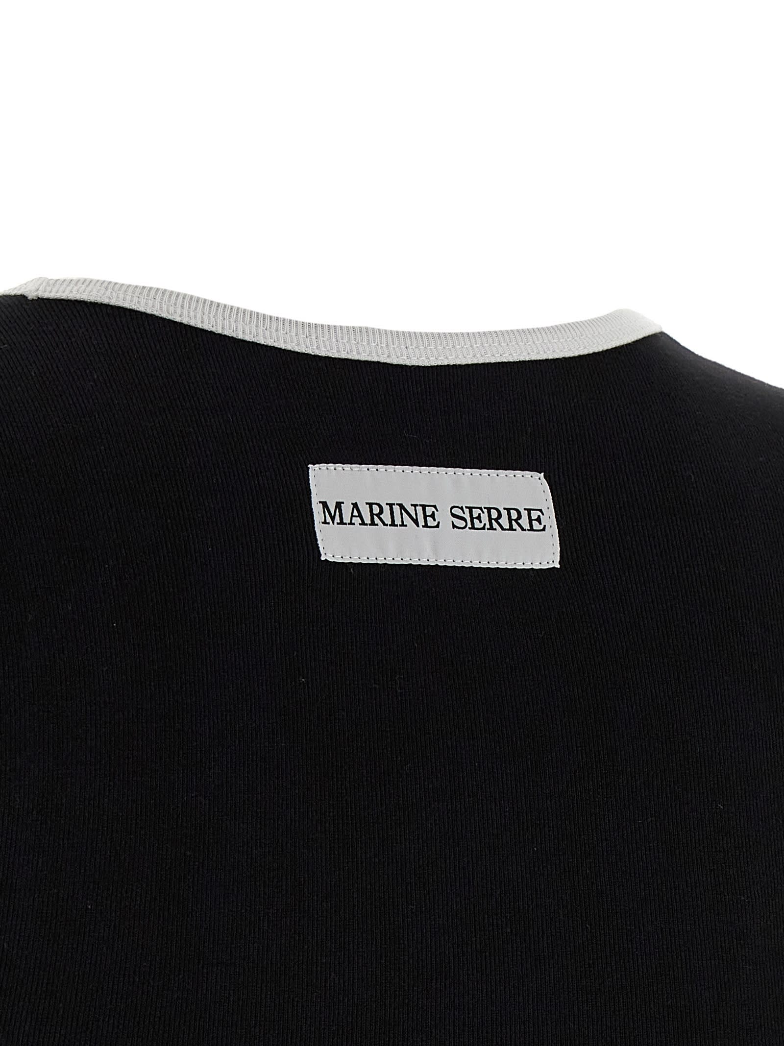 Marine Serre Women Black Cropped Crewneck T-shirt With Logo Embroidery On The Front In Cotton Woman In Black
