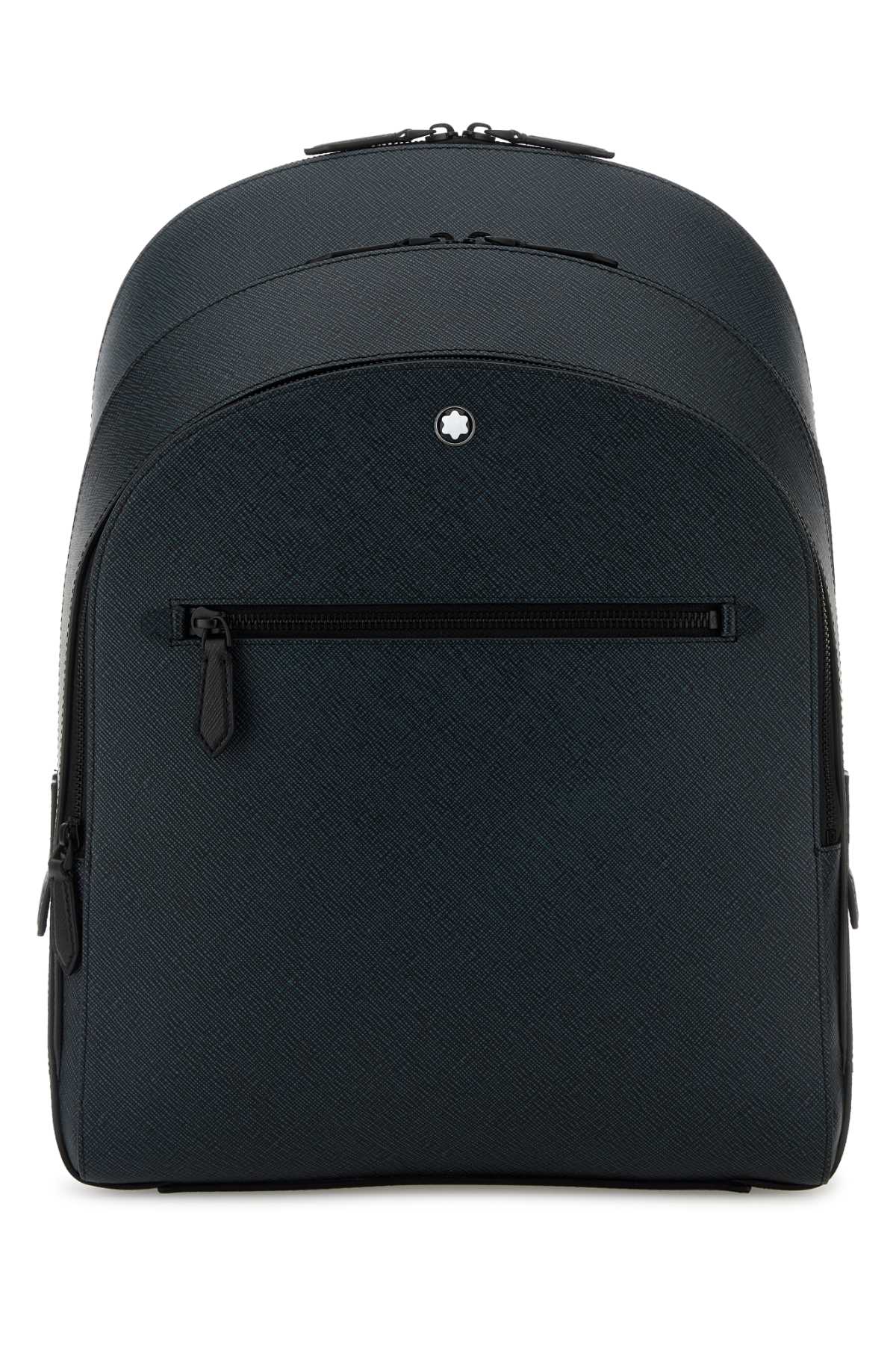 Montblanc Blue Leather Medium Backpack In Black