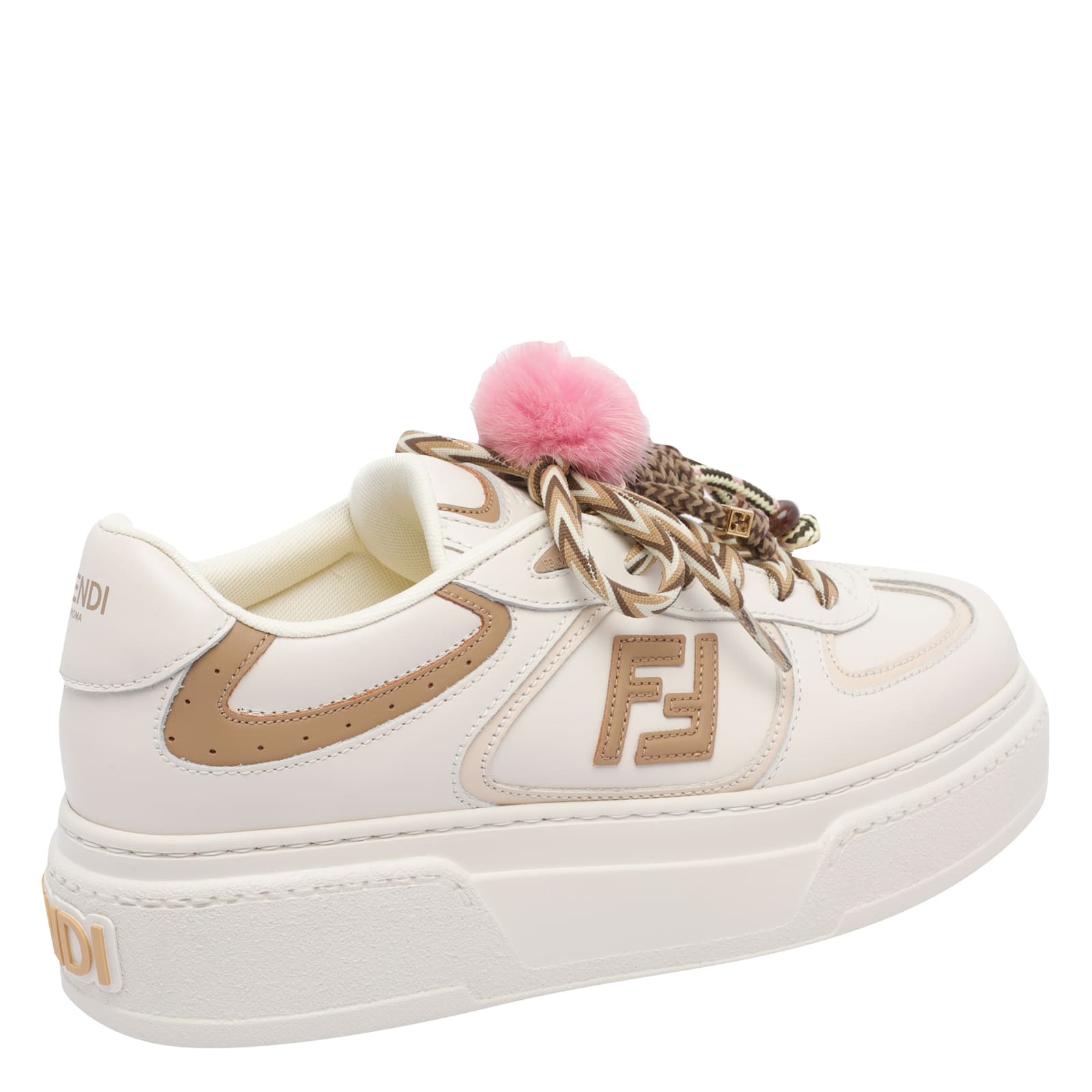 Fendi Match Low Top Platform In White Leather With Charm Women In Nude