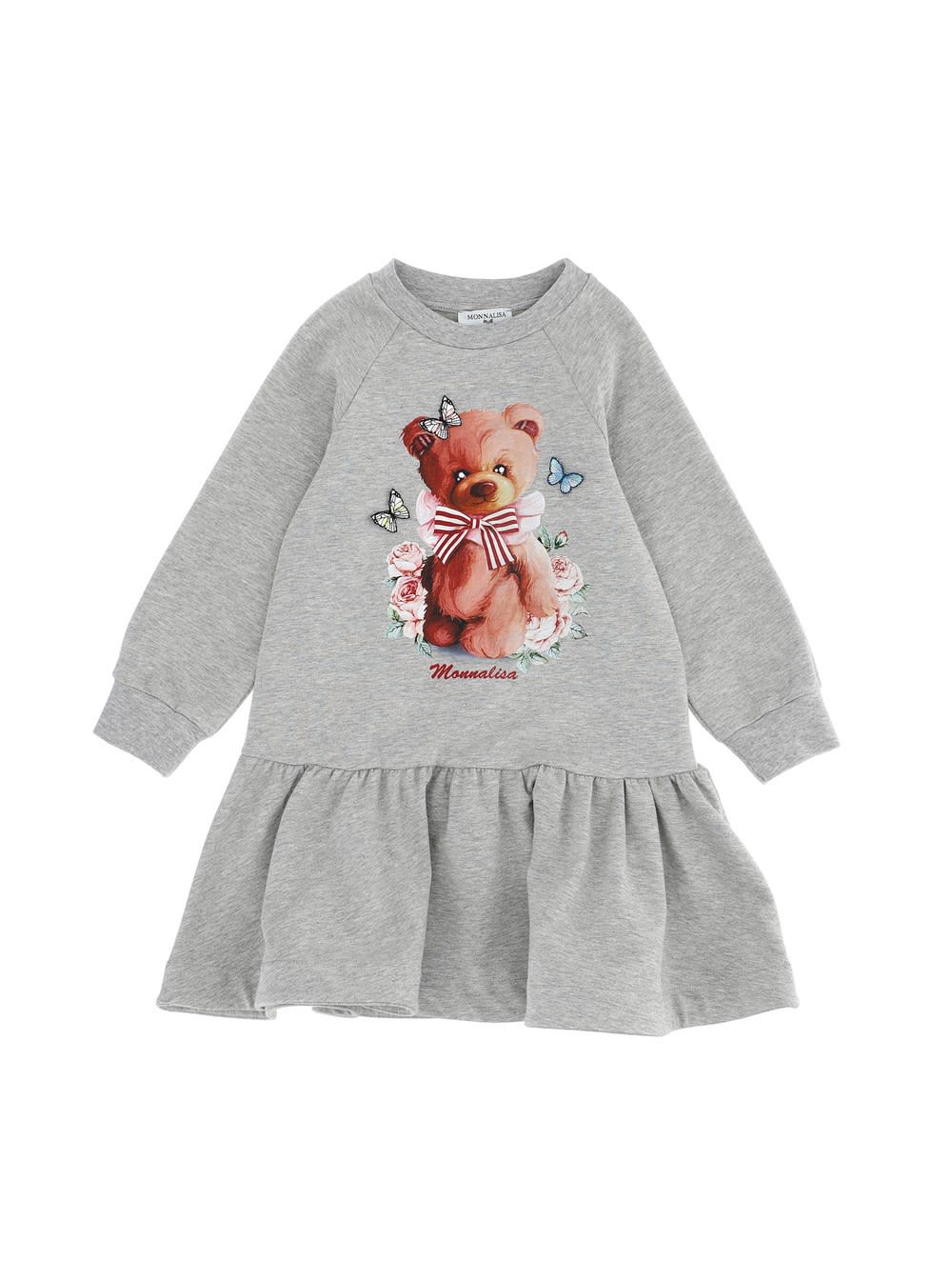 Monnalisa Grey Cotton Dress With Teddy Bear Print