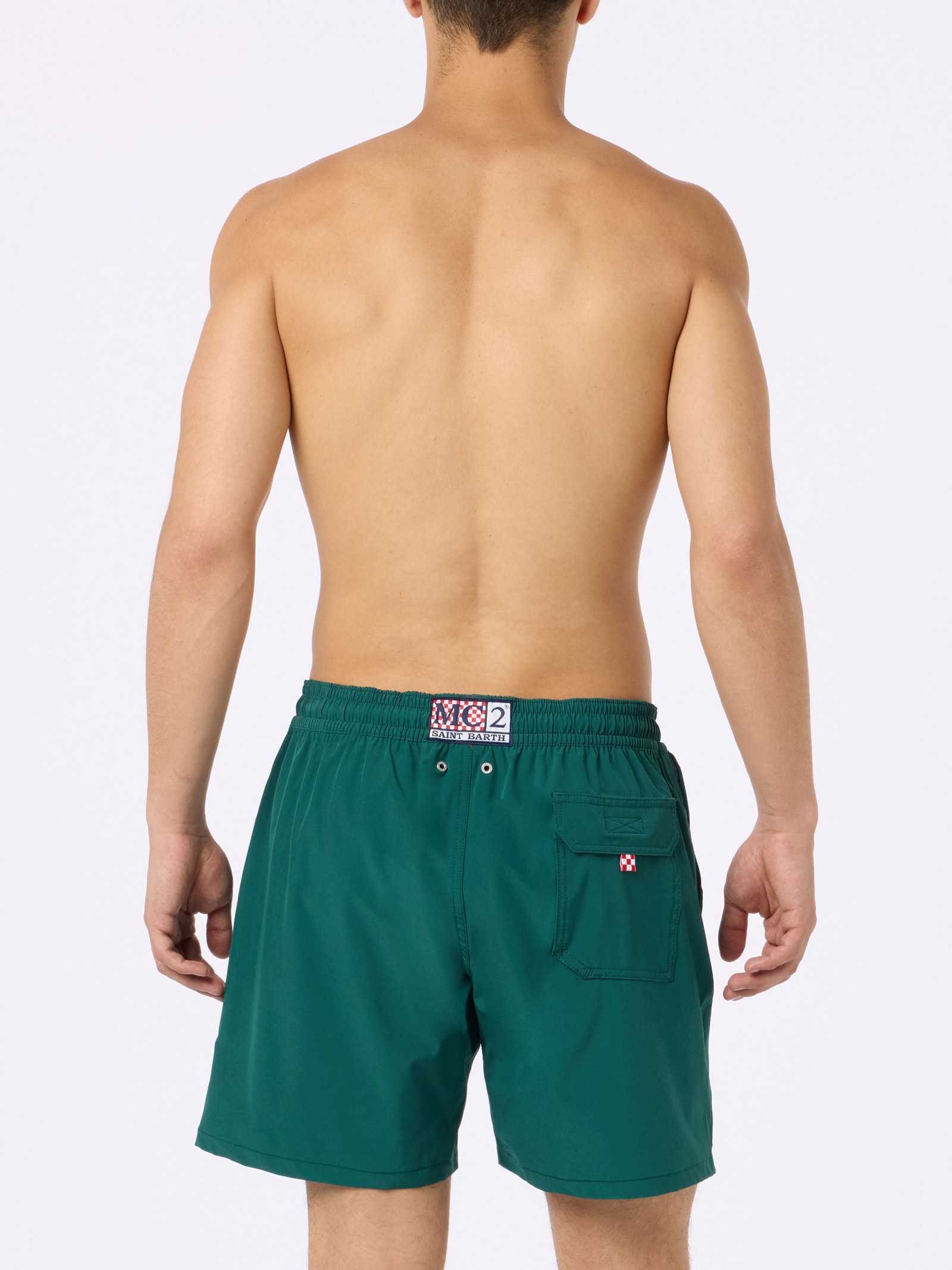 Mc2 Saint Barth Man Comfort Swim Shorts With Forte Dei Drammi Embroidery Insulti Luminosi Special Edition In Green