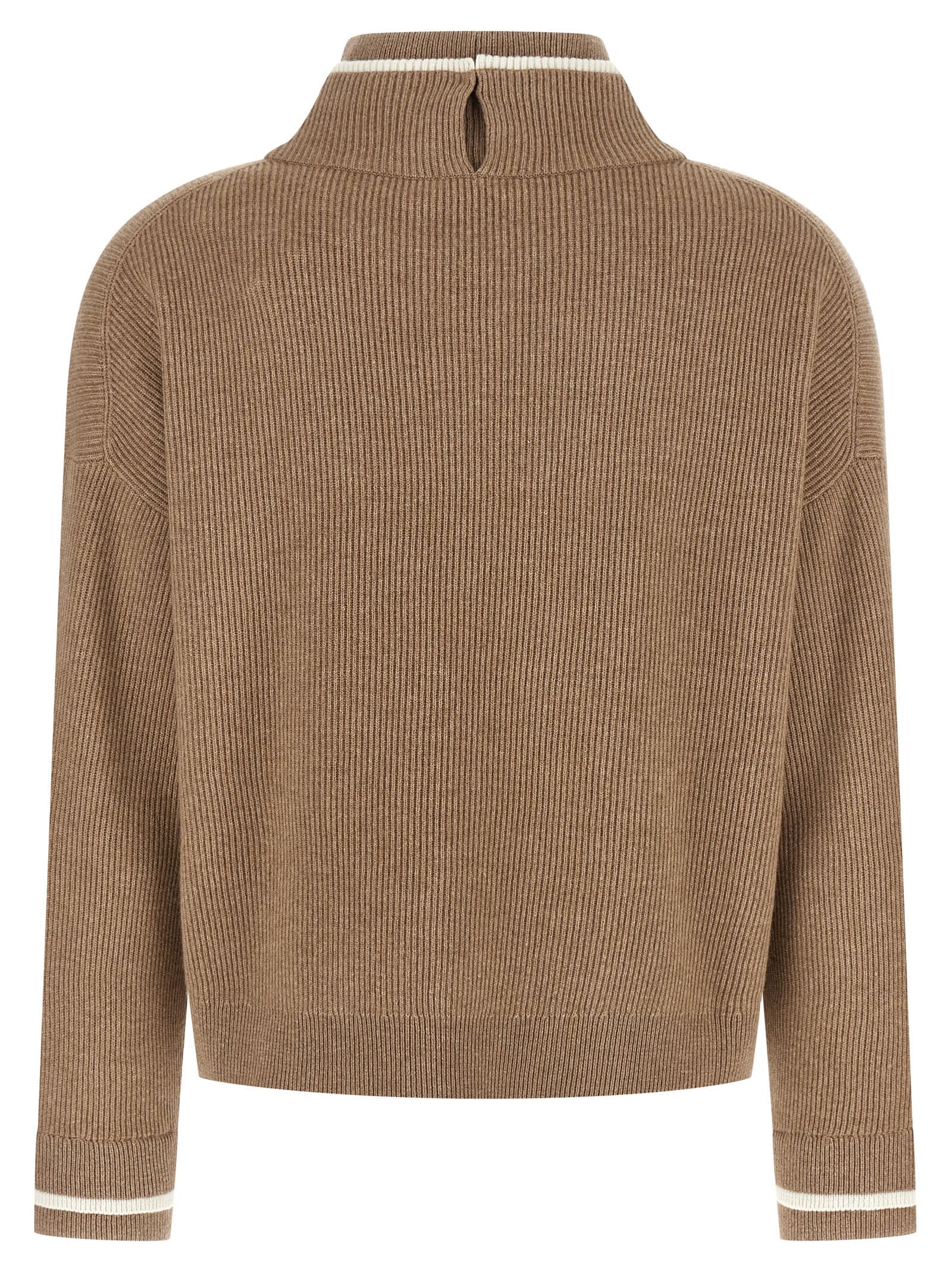 Brunello Cucinelli Ribbed Mock Neck Sweater With Contrast Trim In Brown