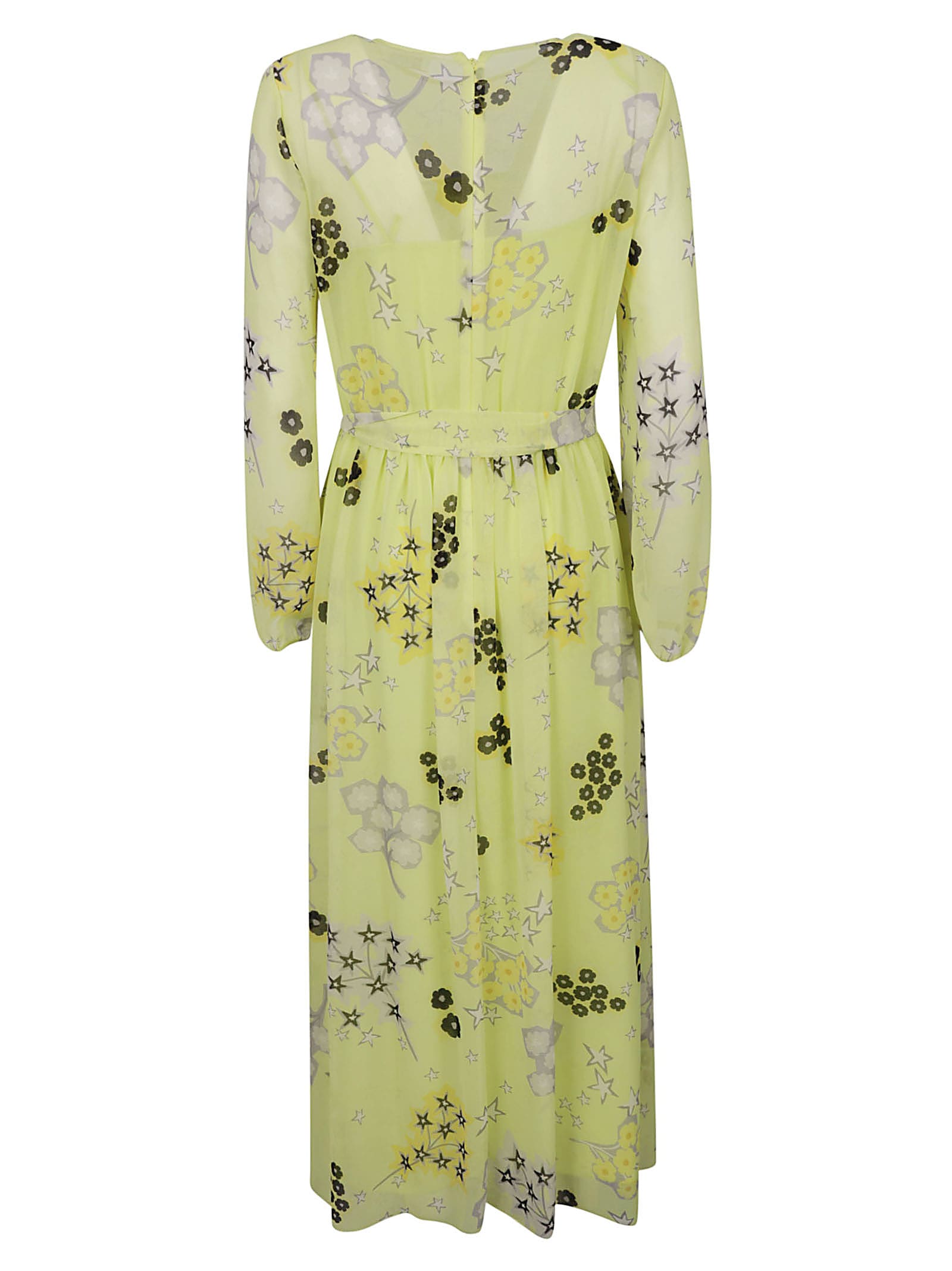 Red Valentino Star & Floral Print Tie-waist Dress In Pale Lemon