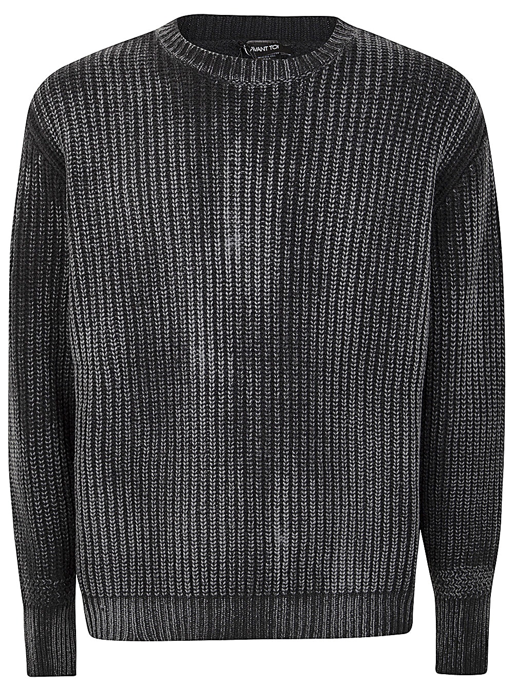 Tonal Effect Ribbed Round Neck Pullover In Cashmere And Wool With Cut Edges