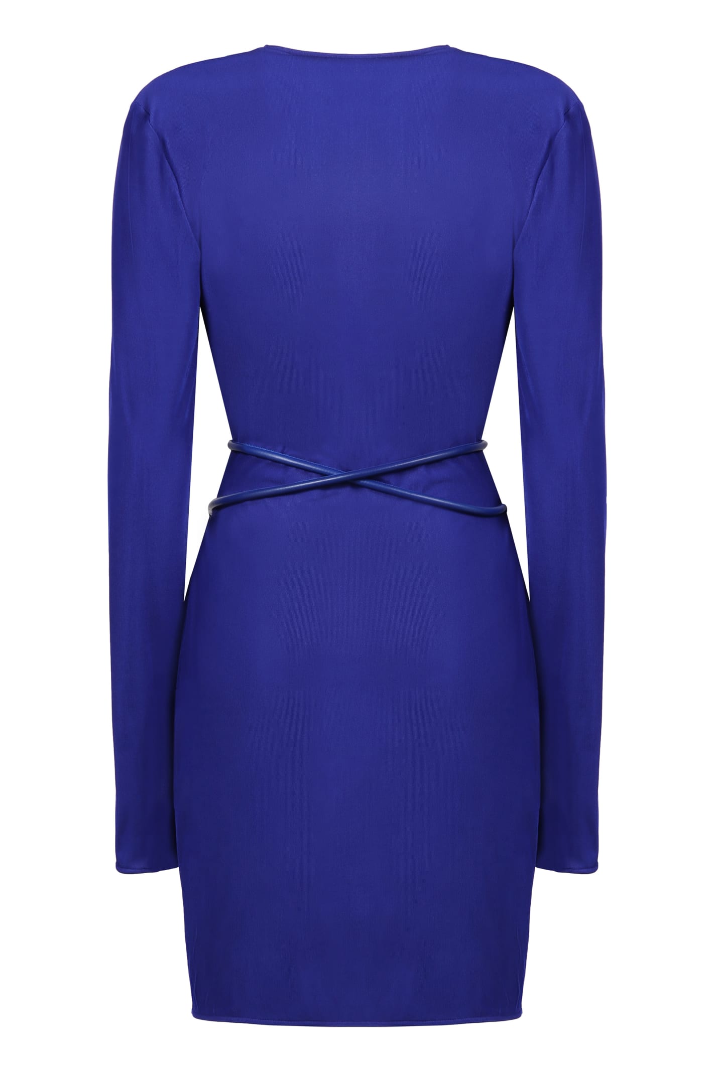 Tom Ford Plunging Leather-trim Microcosta Jersey Wrap Mini Dress In Blue