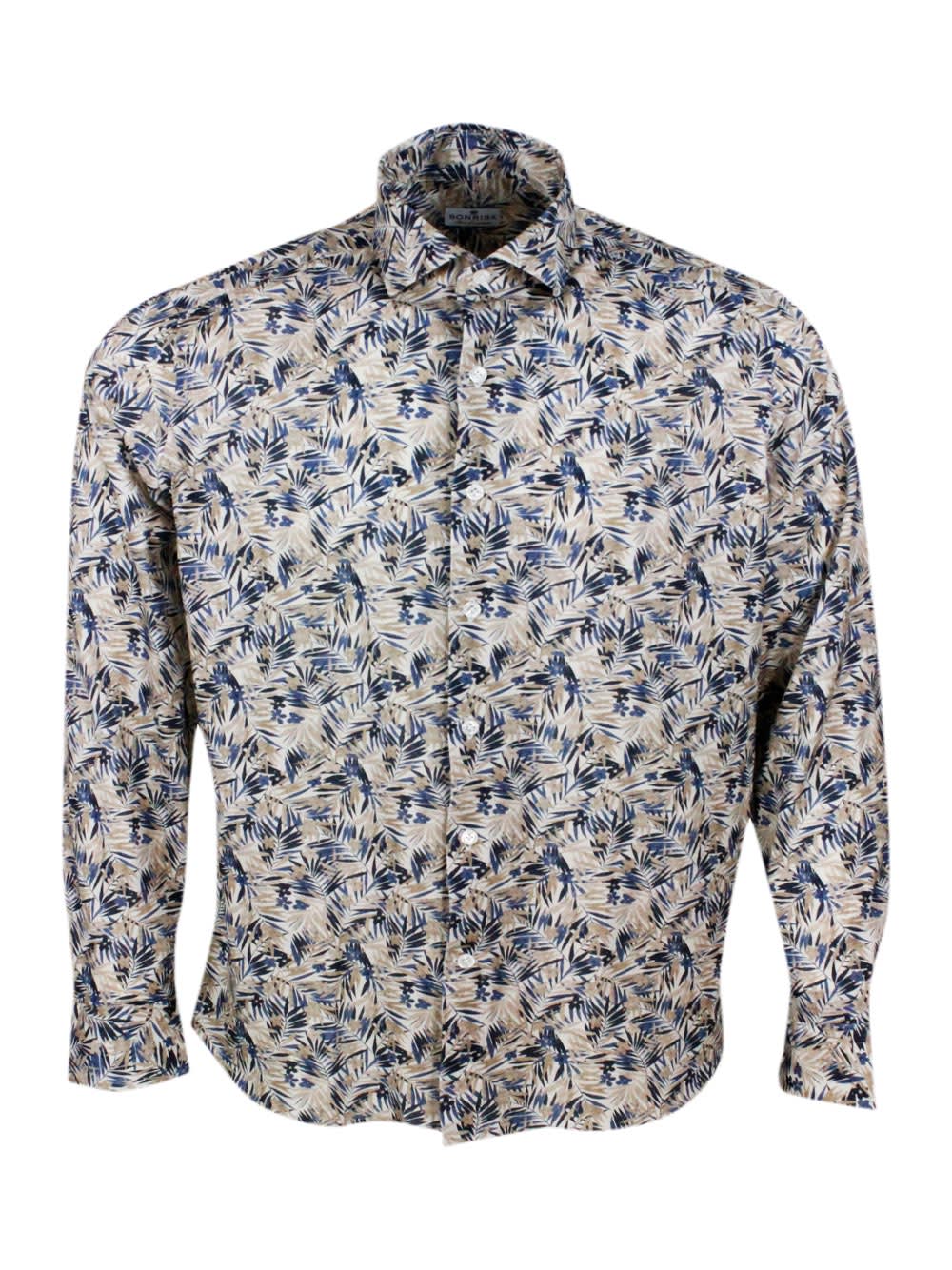 Luxury Shirt In Soft, Precious And Very Fine Stretch Cotton Flower With Spread Collar In Fern Print