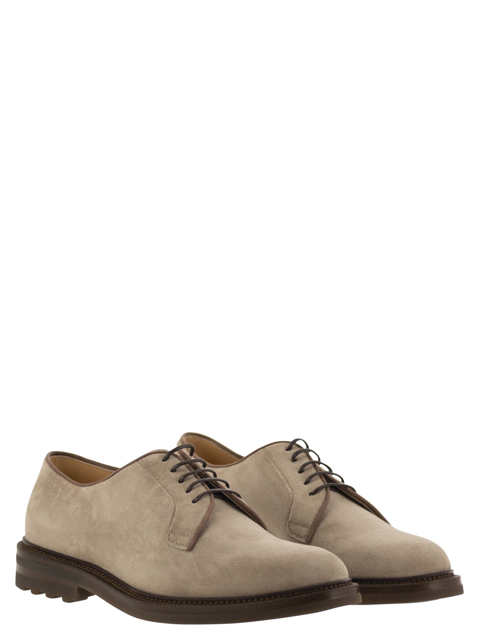 Shop Brunello Cucinelli Suede Derby In Sand