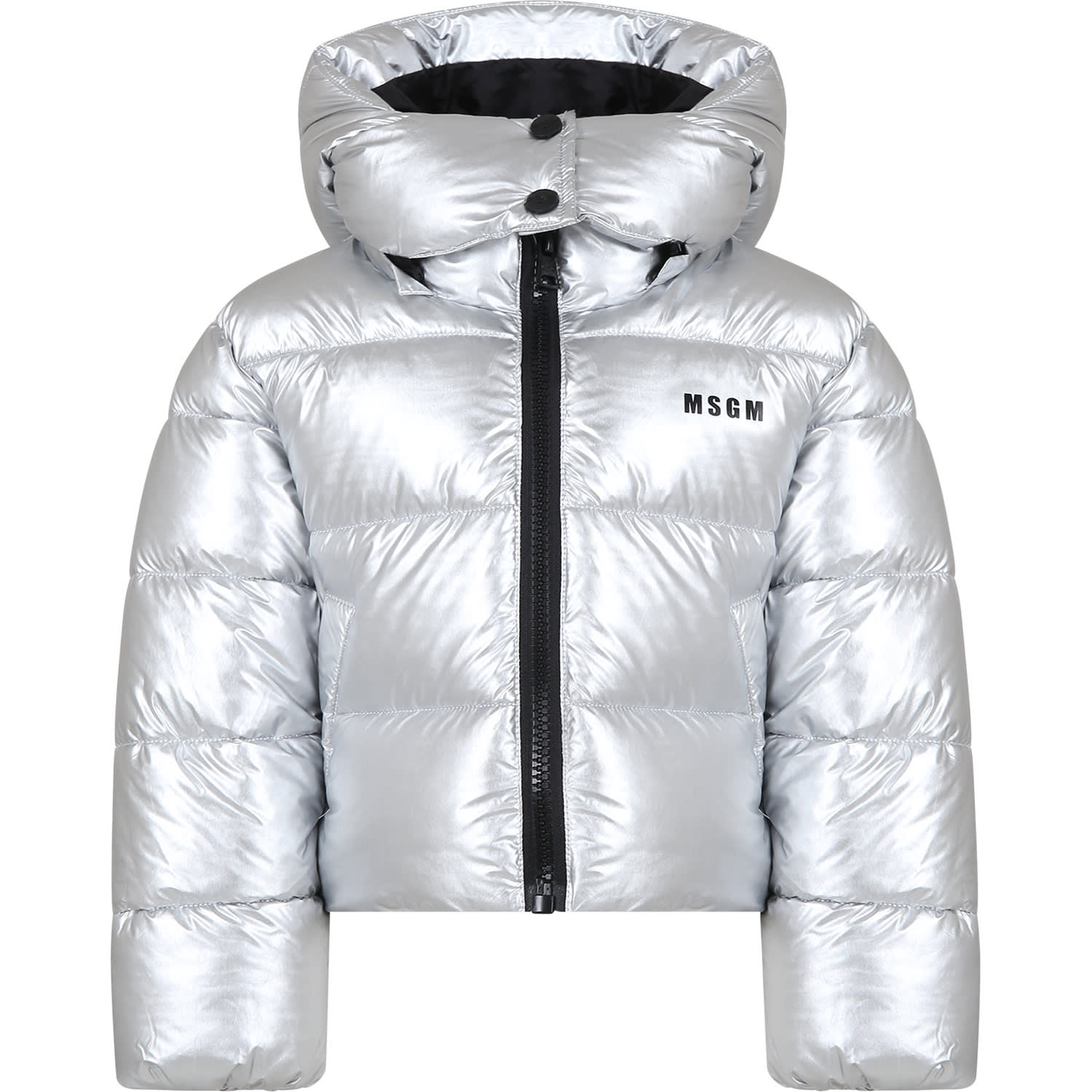 Msgm Kids' Silver Down Jacket For Girl With Logo And Star